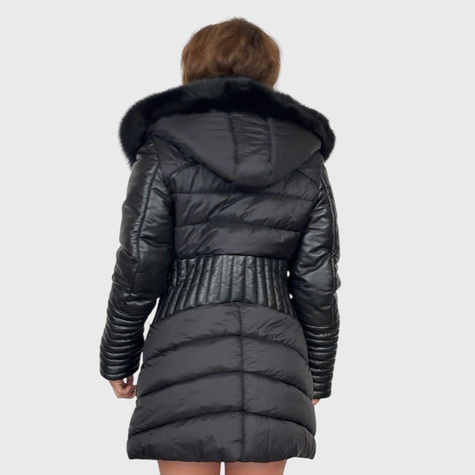 Black Leather & Fabric Jacket - Black Fox Trim