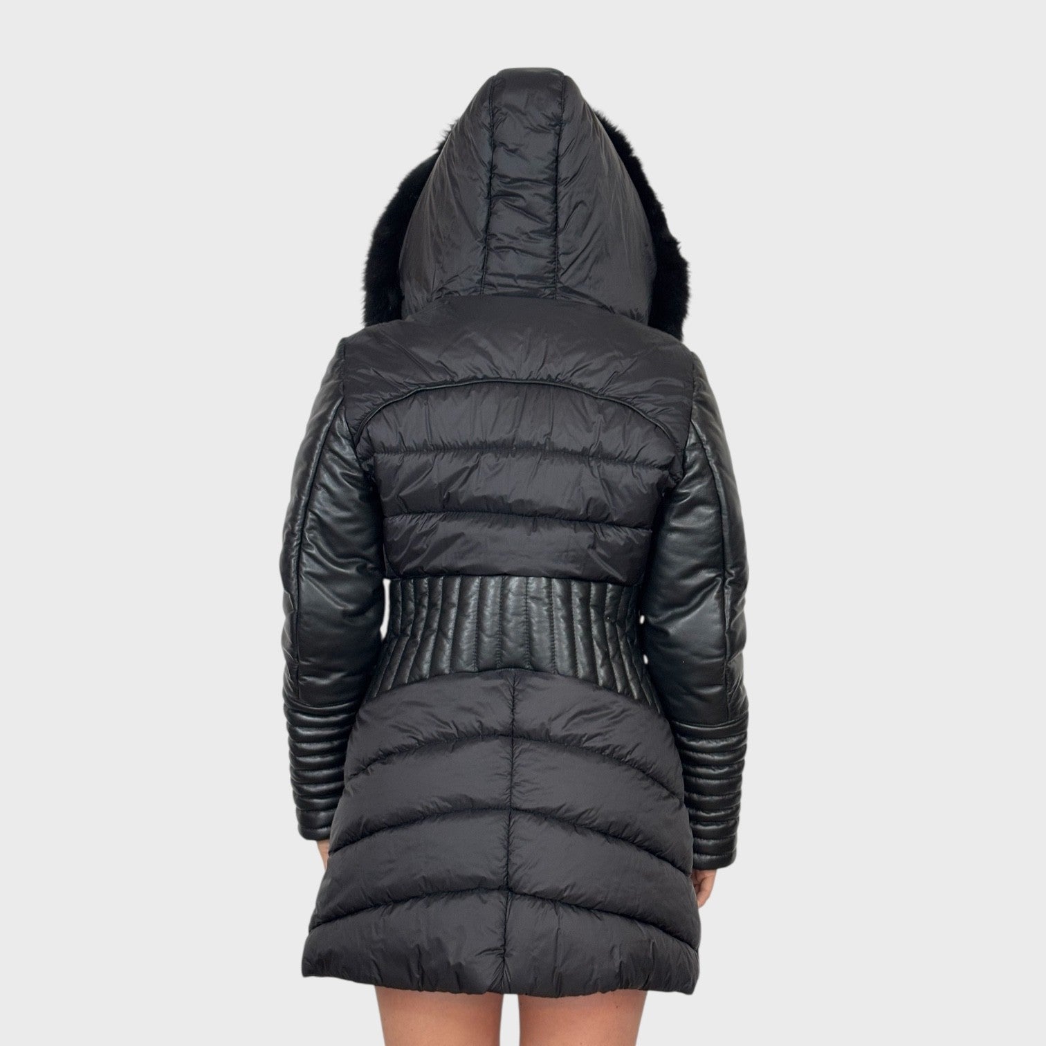 Black Leather & Fabric Jacket - Black Fox Trim