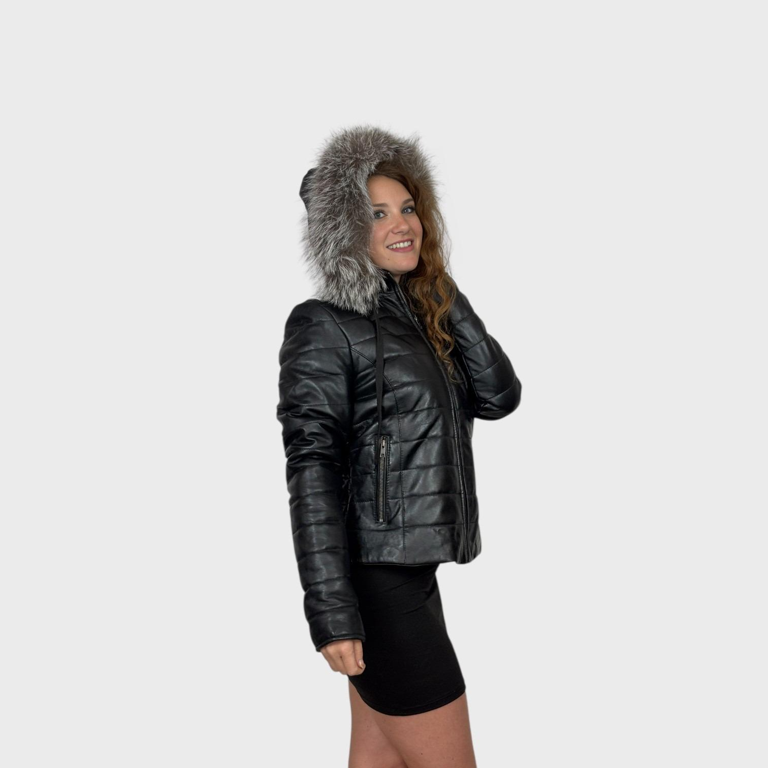 Black Puffy Short Leather Jacket - Hooded