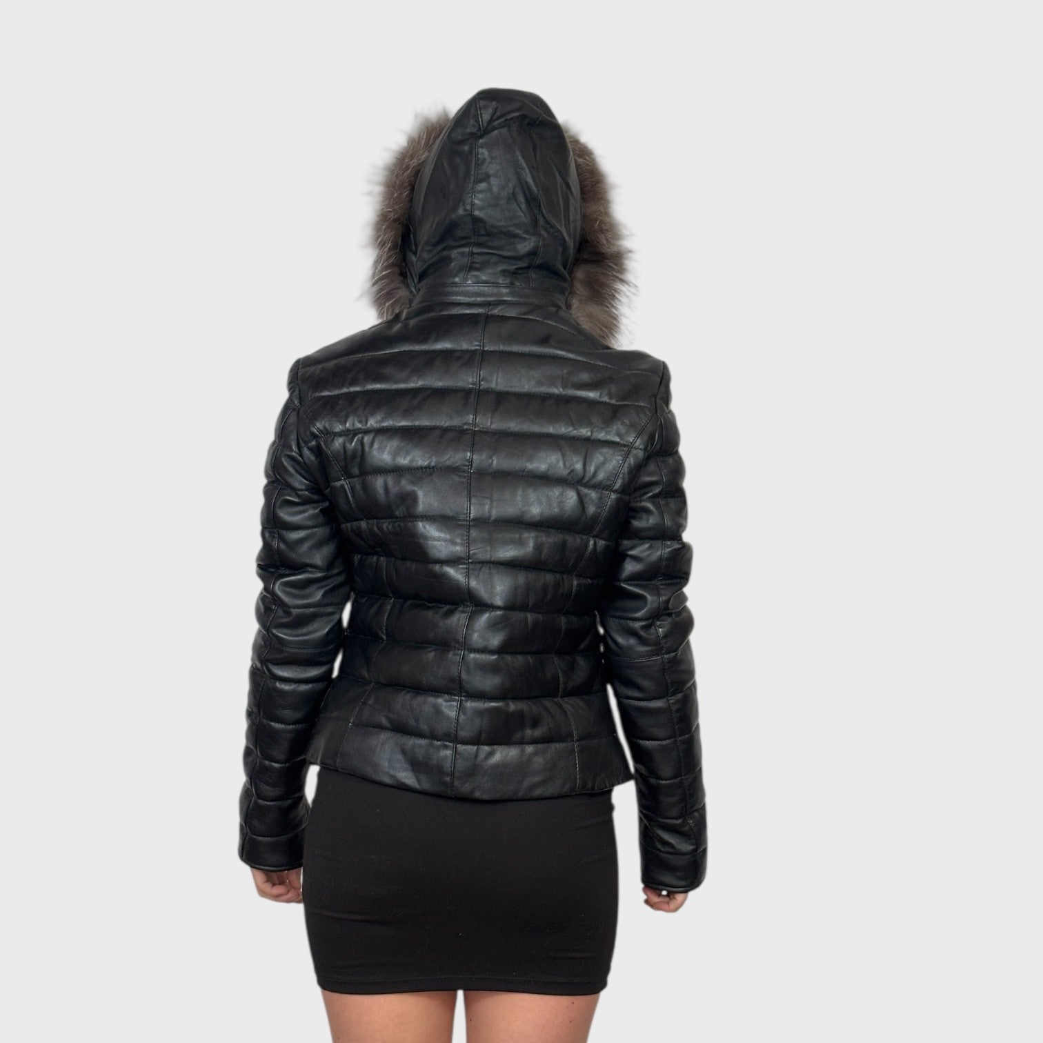 Black Puffy Short Leather Jacket - Hooded