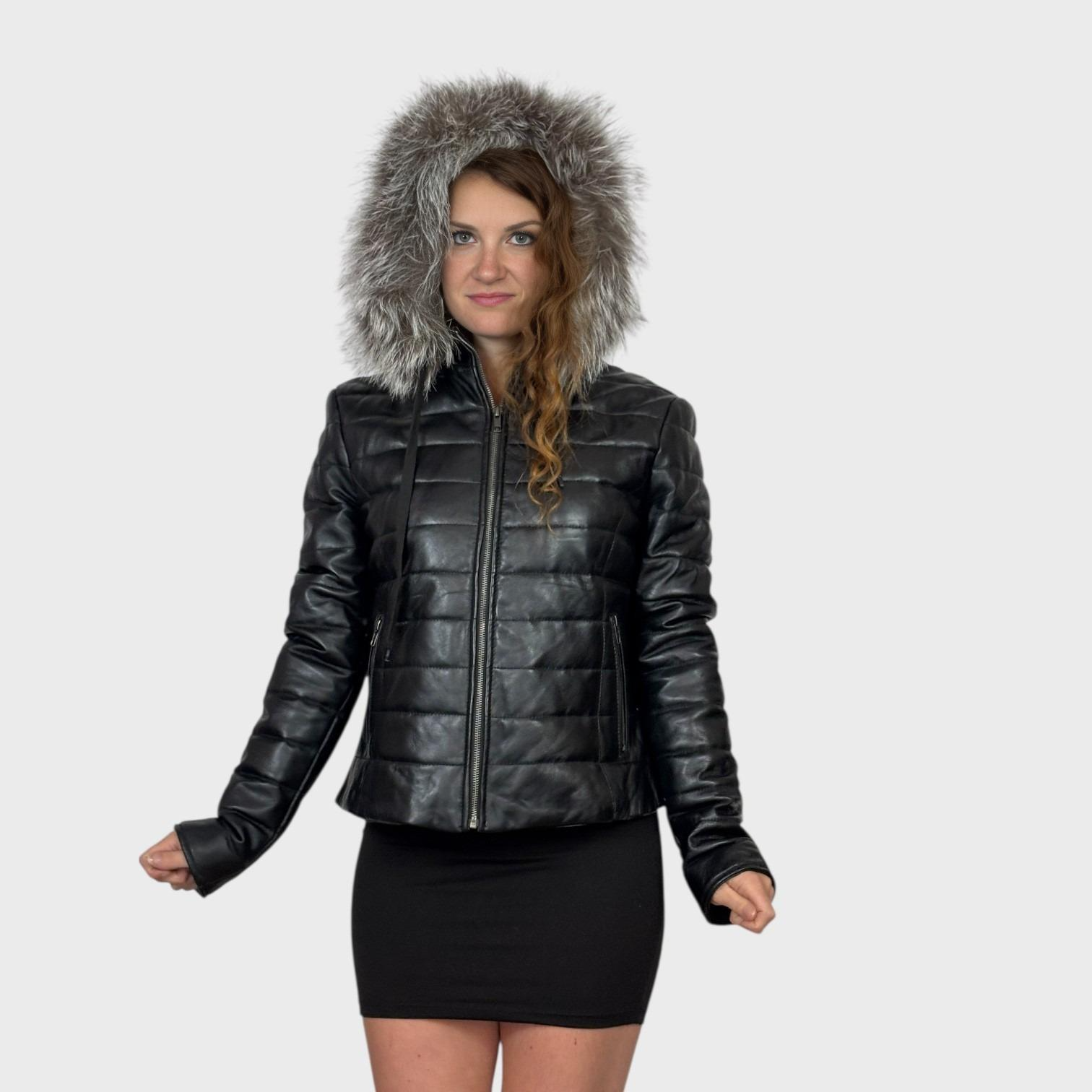 Black Puffy Short Leather Jacket - Hooded