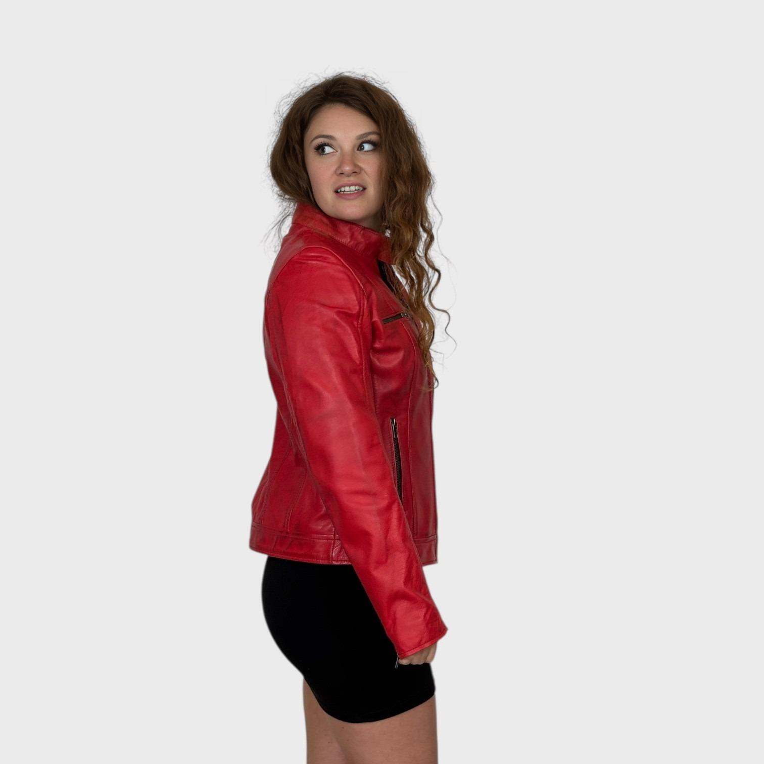 Red Distressed Short Leather Jacket