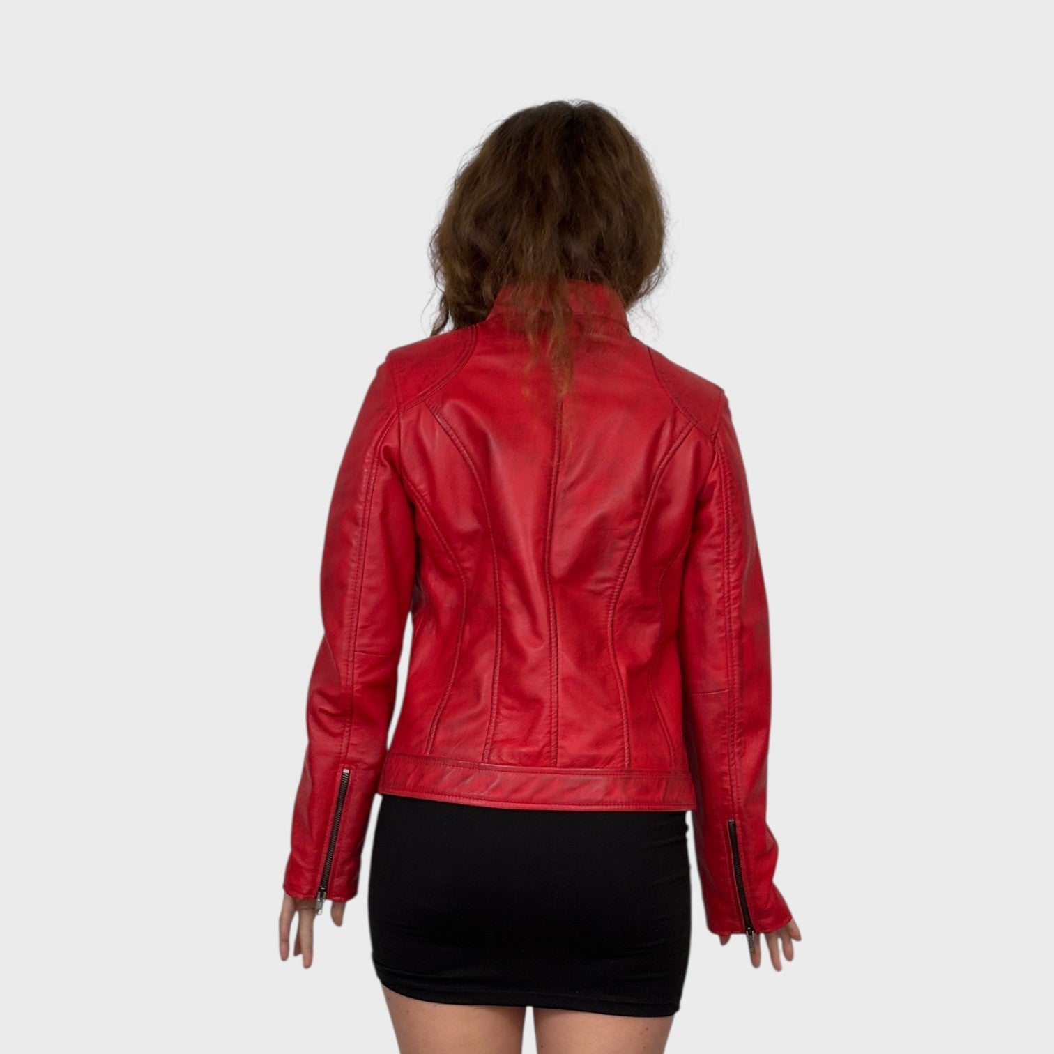 Red Distressed Short Leather Jacket