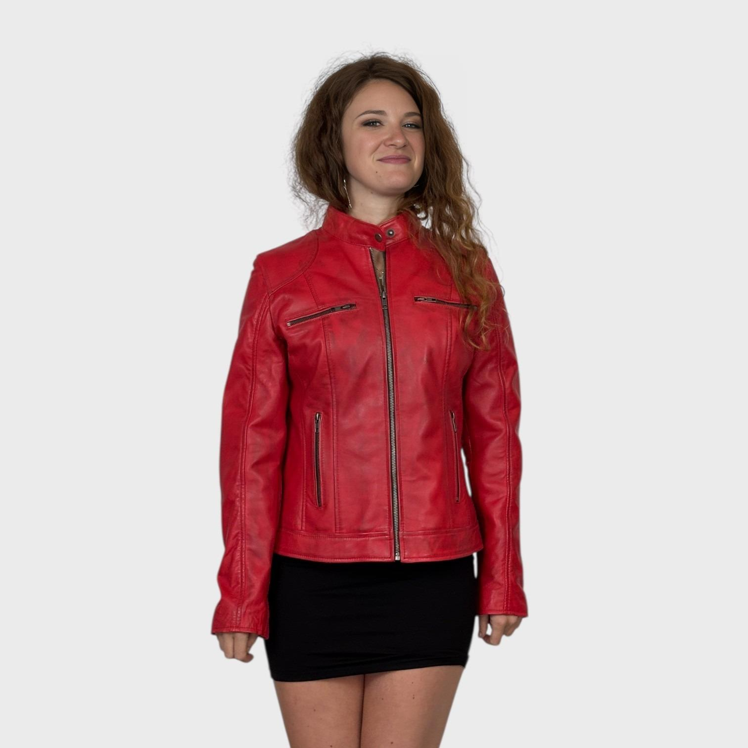 Red Distressed Short Leather Jacket