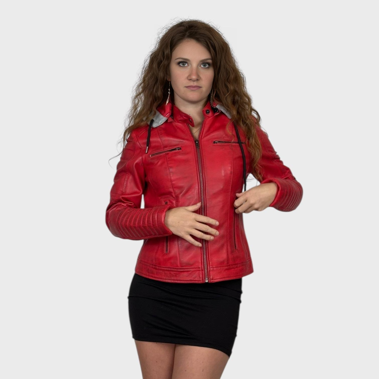 Red Distressed Short Leather Jacket - Zip Out Grey Hood