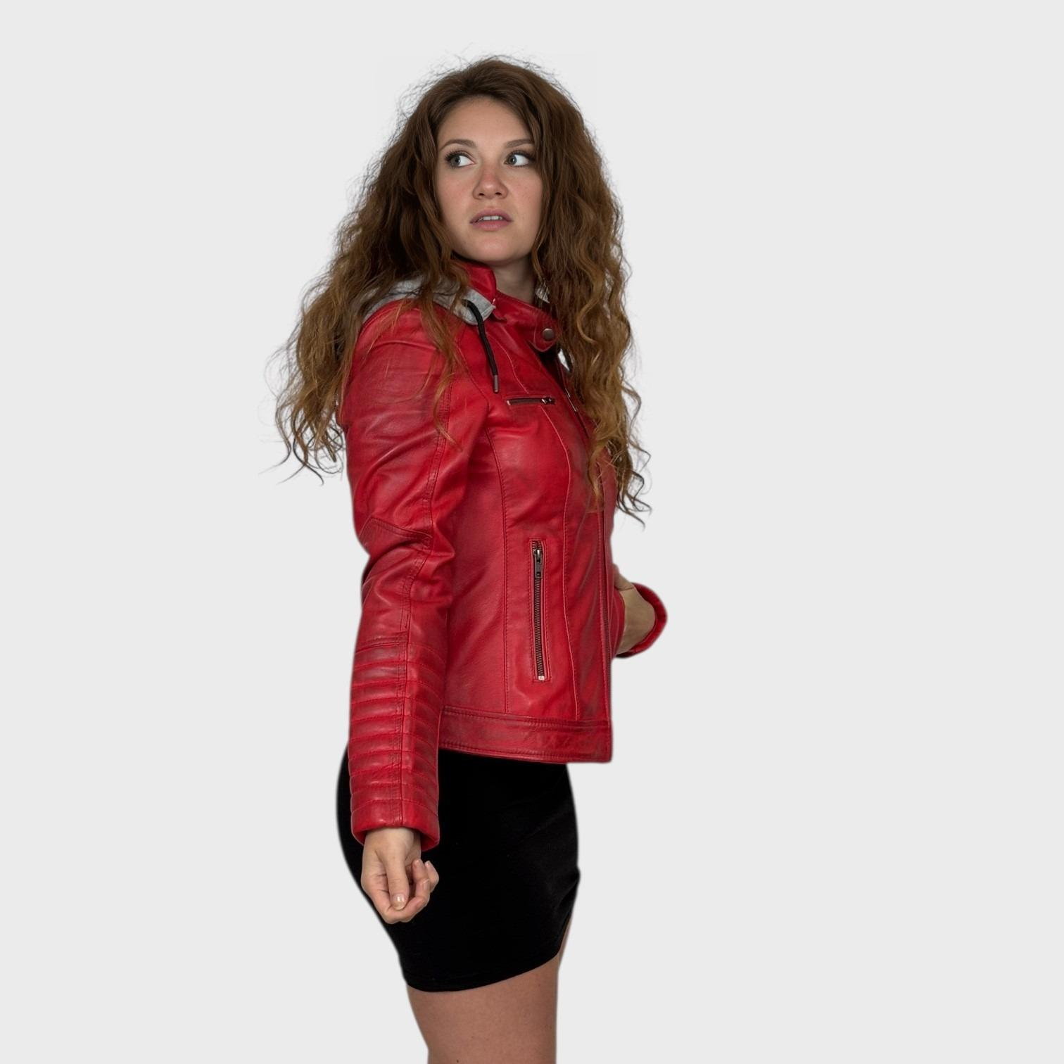 Red Distressed Short Leather Jacket - Zip Out Grey Hood