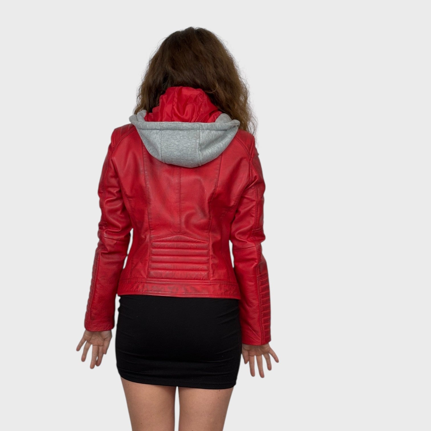 Red Distressed Short Leather Jacket - Zip Out Grey Hood