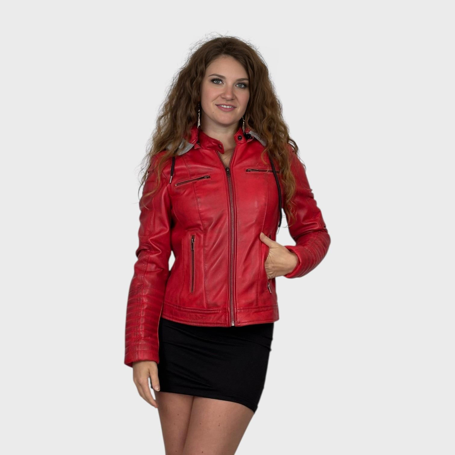 Red Distressed Short Leather Jacket - Zip Out Grey Hood