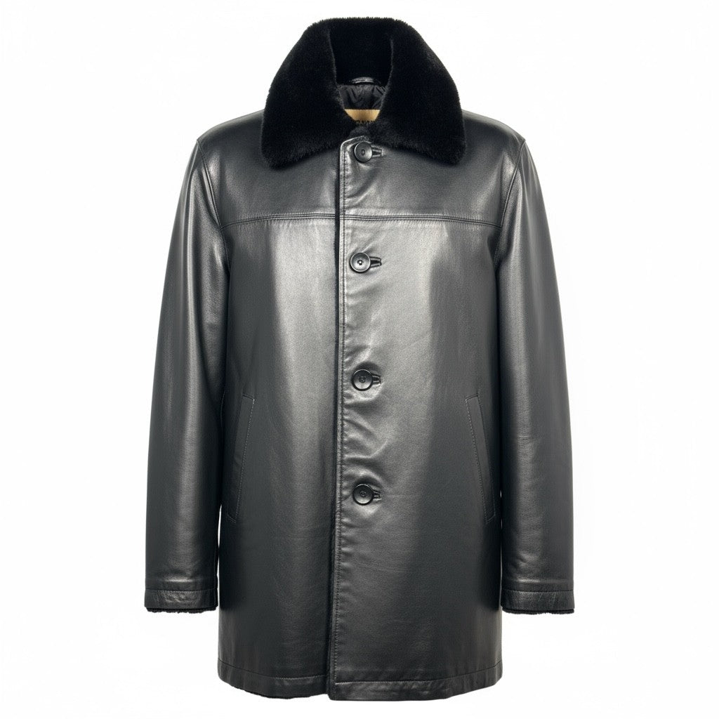 Men's Black Sheared Rabbit Jacket - Reversible to Black Leather