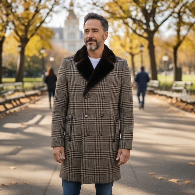 Cashmere & Wool Men's Double Breasted Coat - Mink Collar