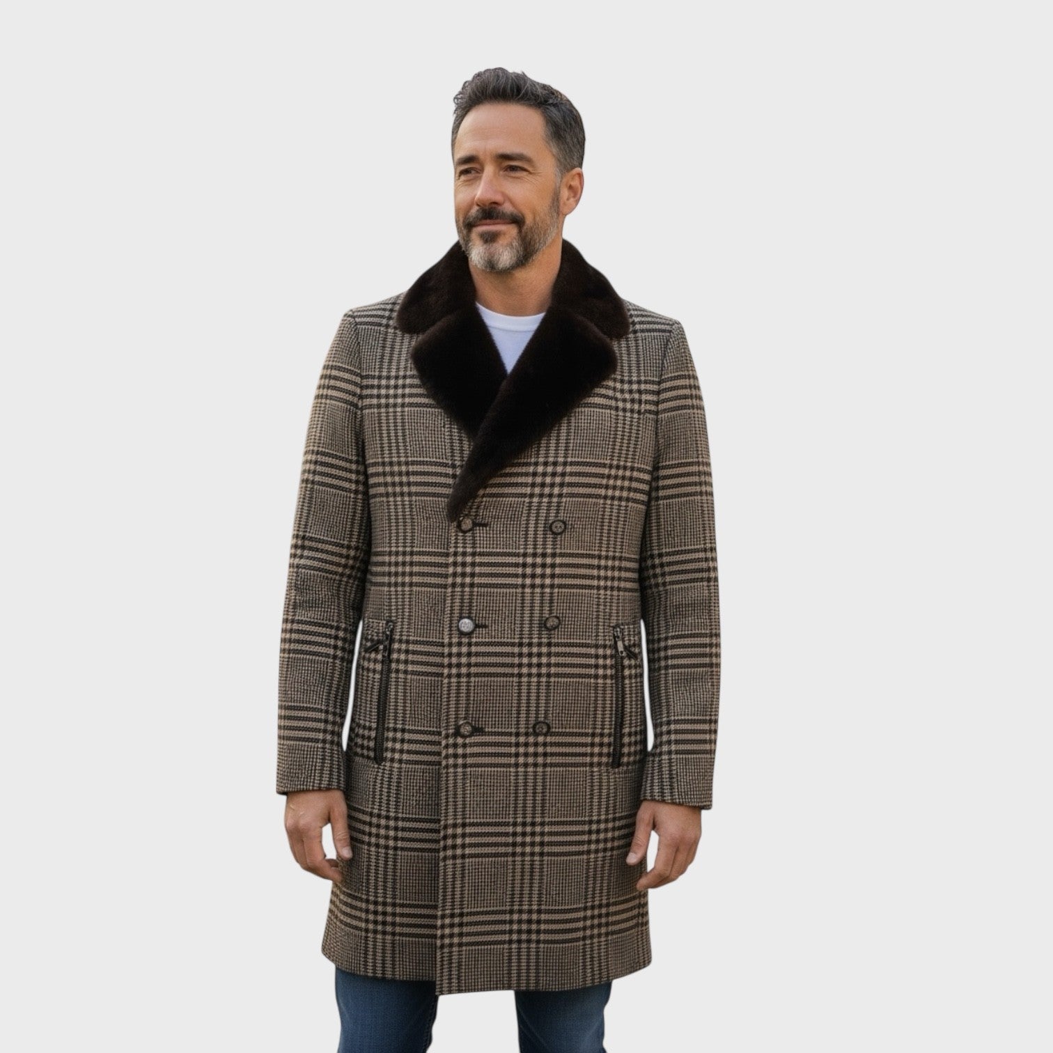 Cashmere & Wool Men's Double Breasted Coat - Mink Collar