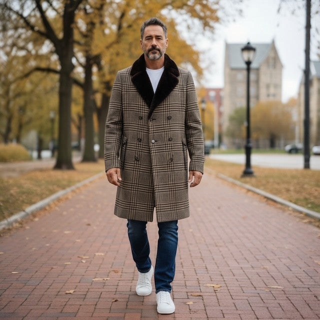 Cashmere & Wool Men's Double Breasted Coat - Mink Collar