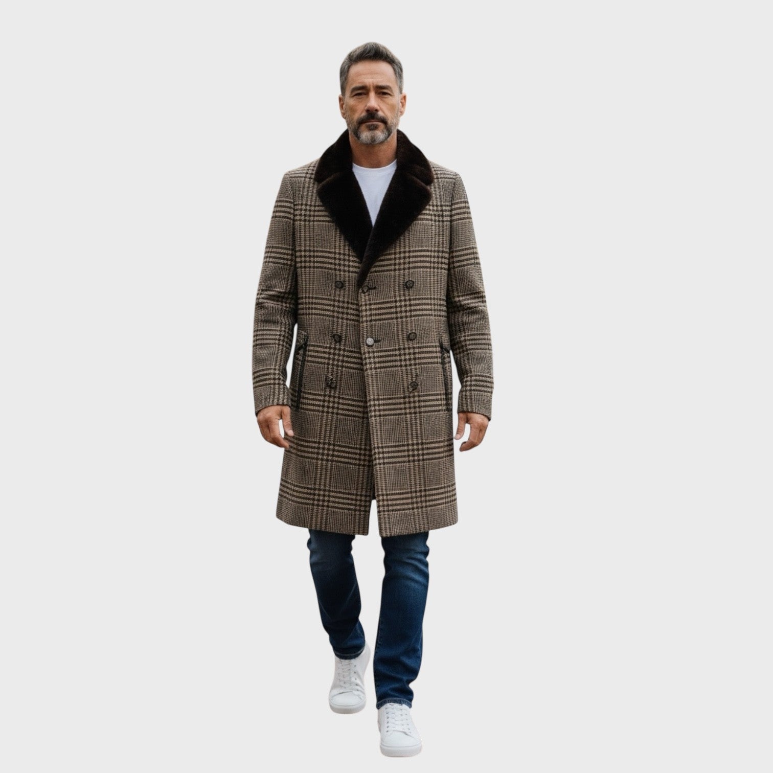 Cashmere & Wool Men's Double Breasted Coat - Mink Collar