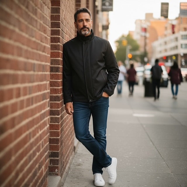 Black Men's Nylon Shell Jacket & Lined with Black Shearling
