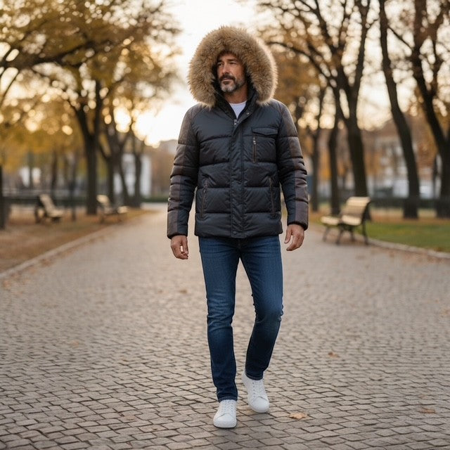 STEFANO Leather& Fabric Jacket Hooded - Fur Trim