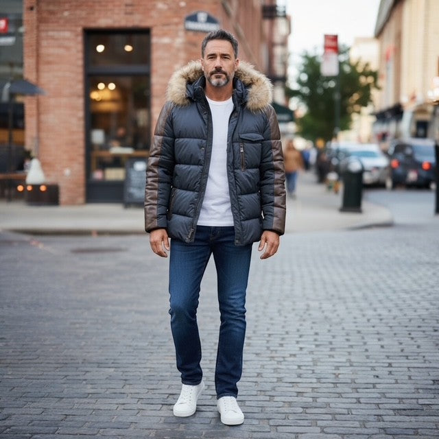 STEFANO Leather& Fabric Jacket Hooded - Fur Trim