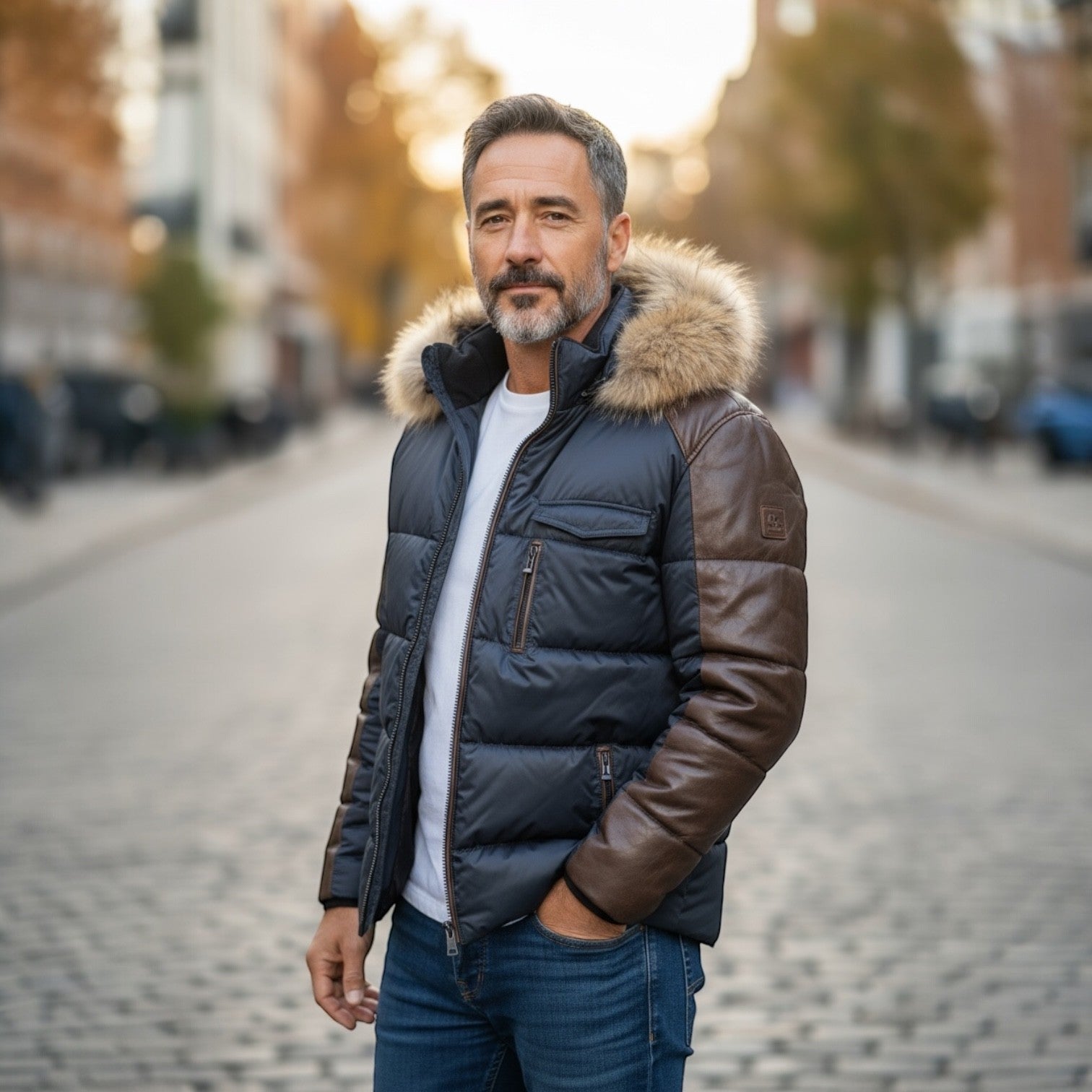 STEFANO Leather& Fabric Jacket Hooded - Fur Trim