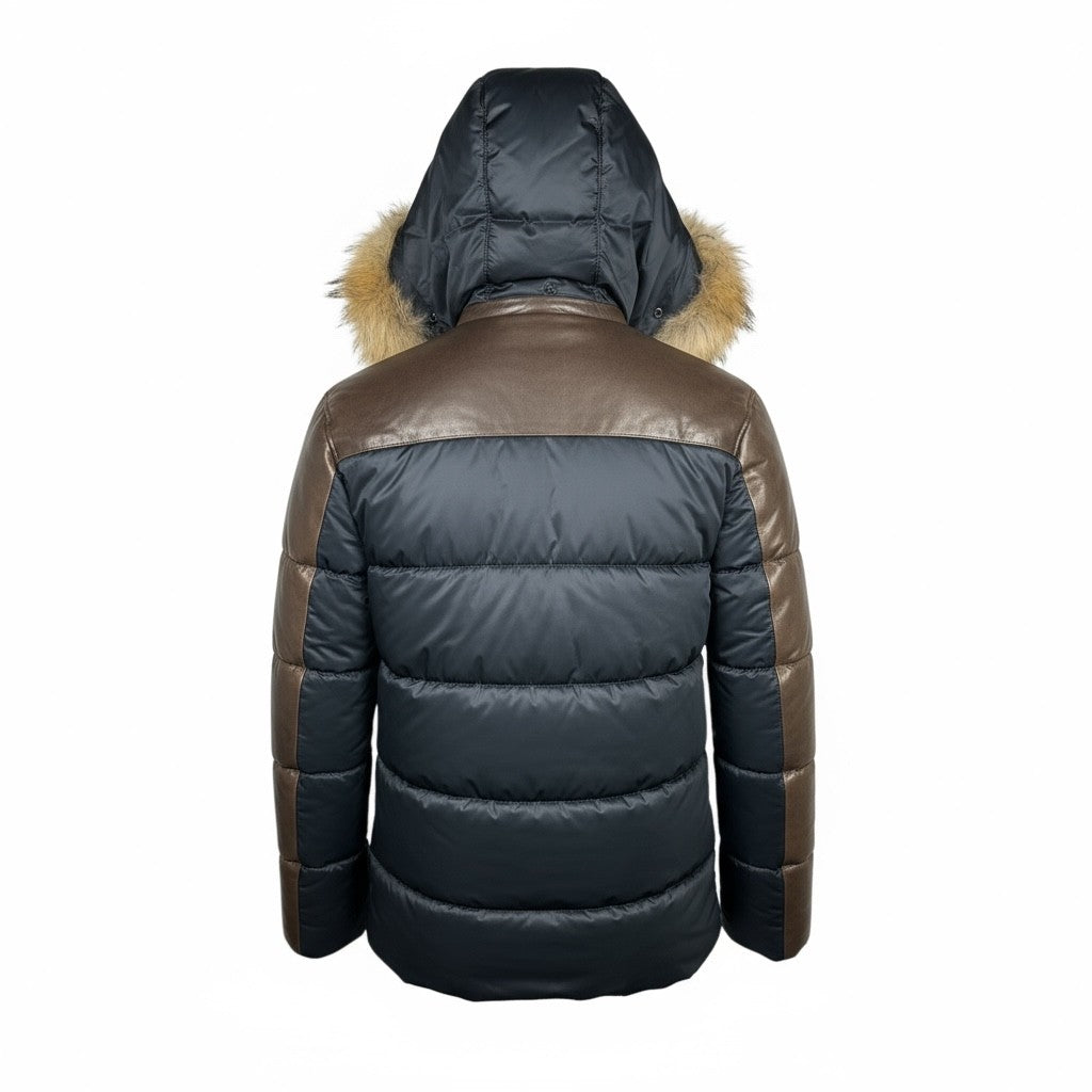 STEFANO Leather& Fabric Jacket Hooded - Fur Trim