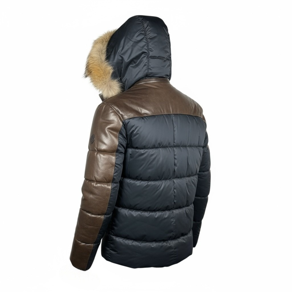 STEFANO Leather& Fabric Jacket Hooded - Fur Trim