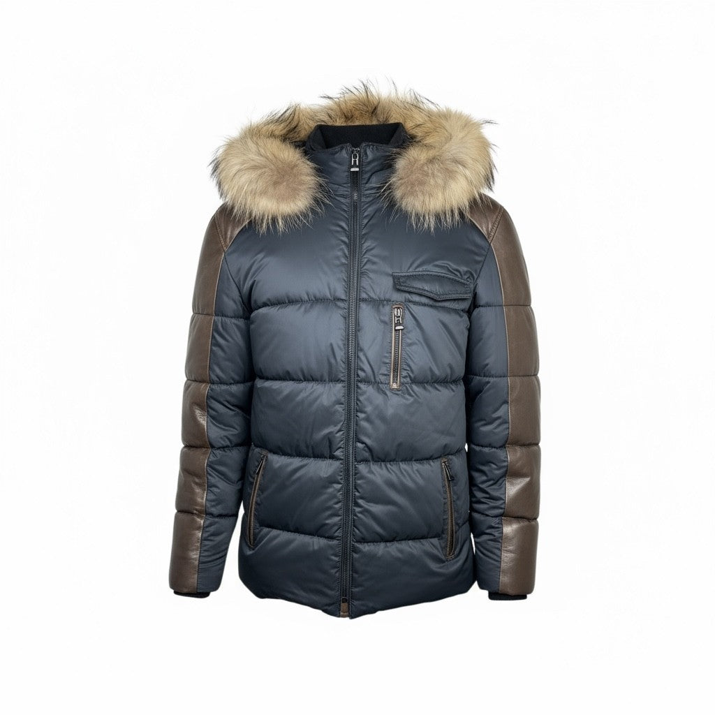 STEFANO Leather& Fabric Jacket Hooded - Fur Trim