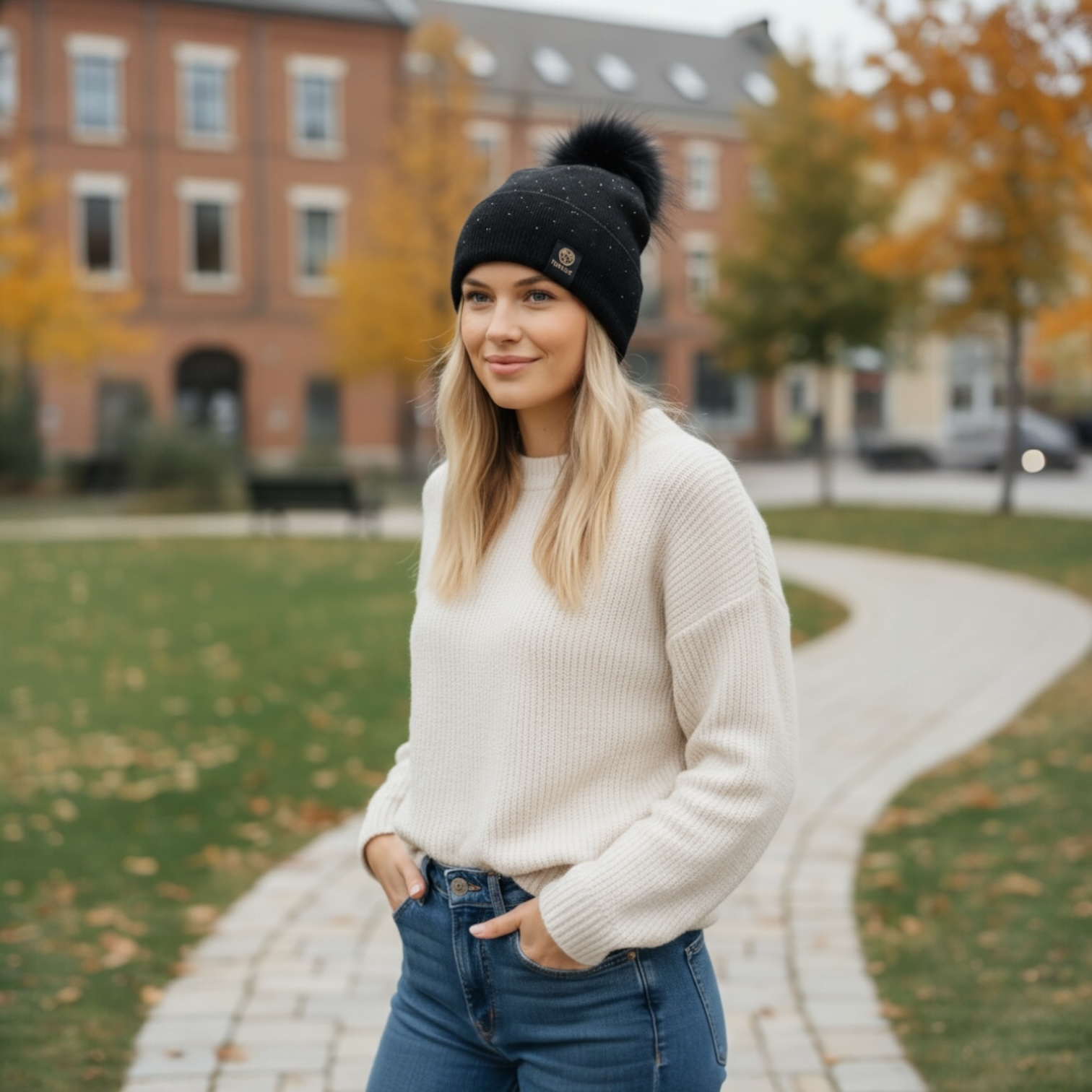 Black Knit Hat with Fox Pompom