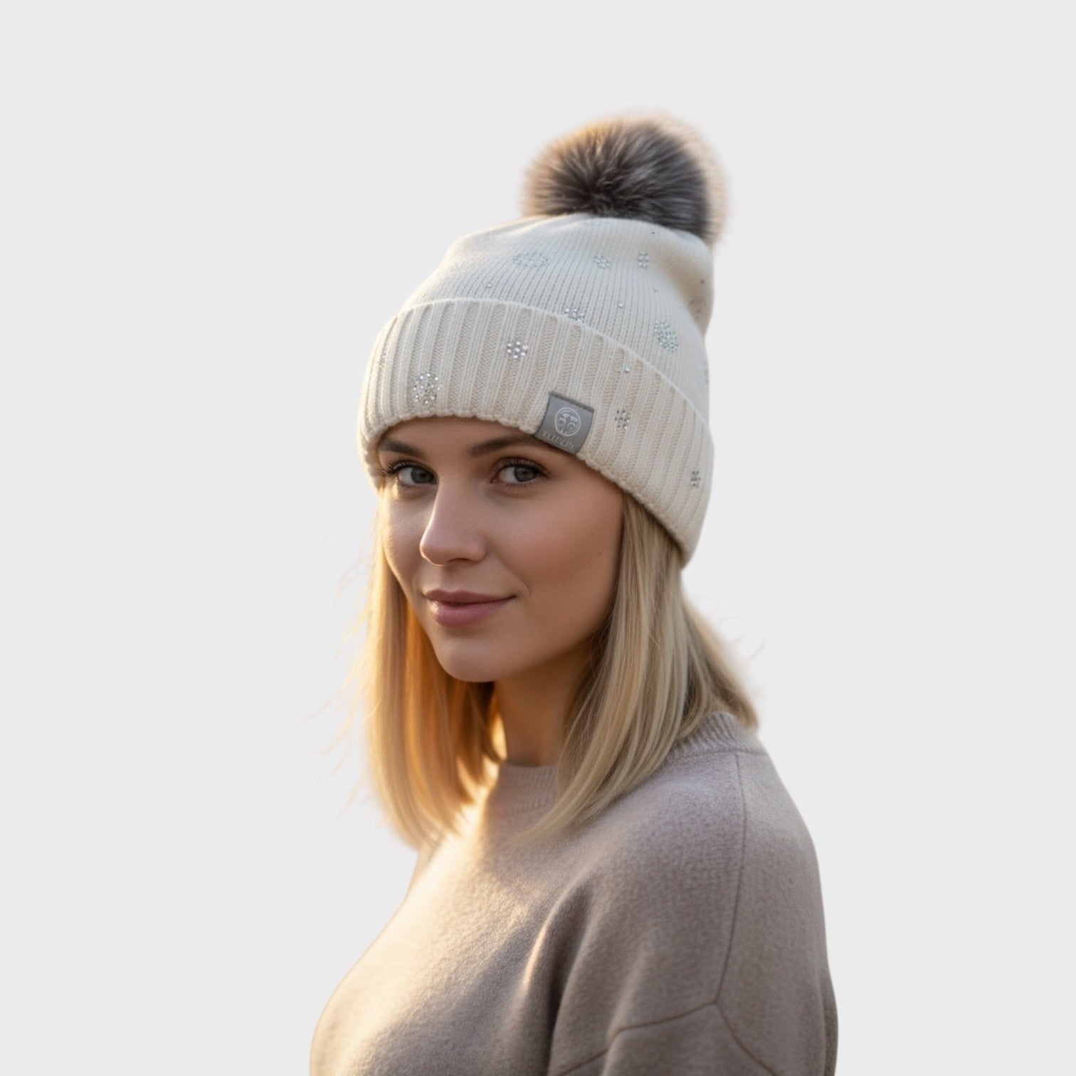 White Knit Hat with Silver Snowflakes