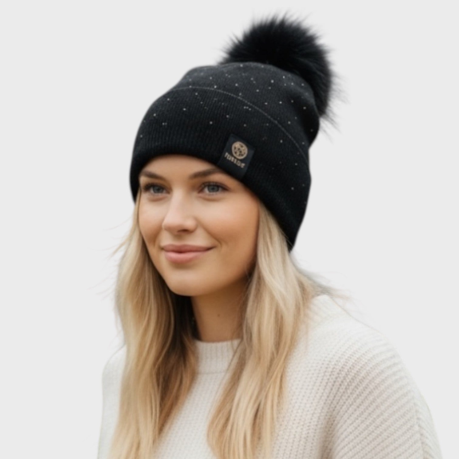 Black Knit Hat with Fox Pompom