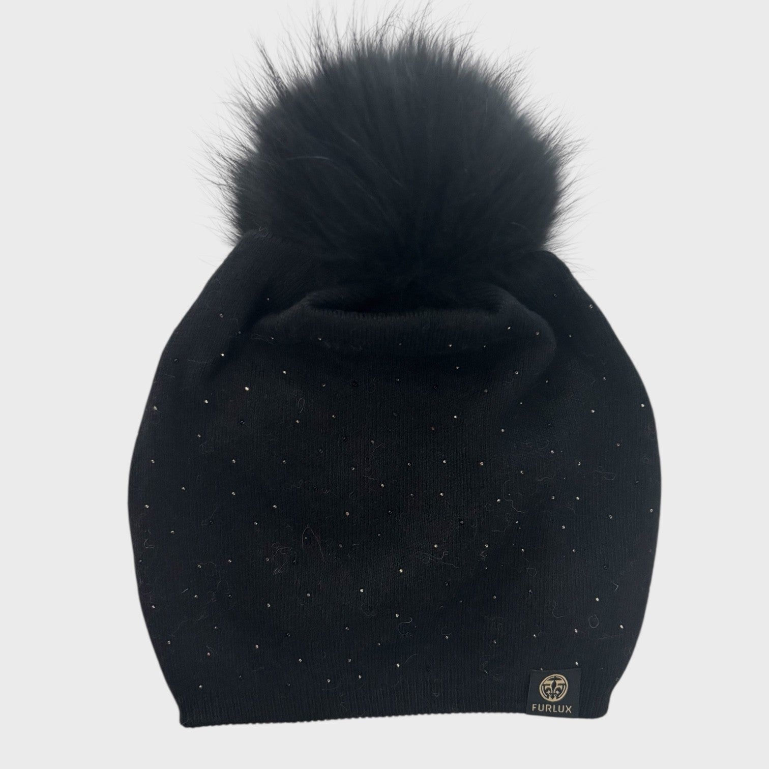 Black Knit Hat with Fox Pompom