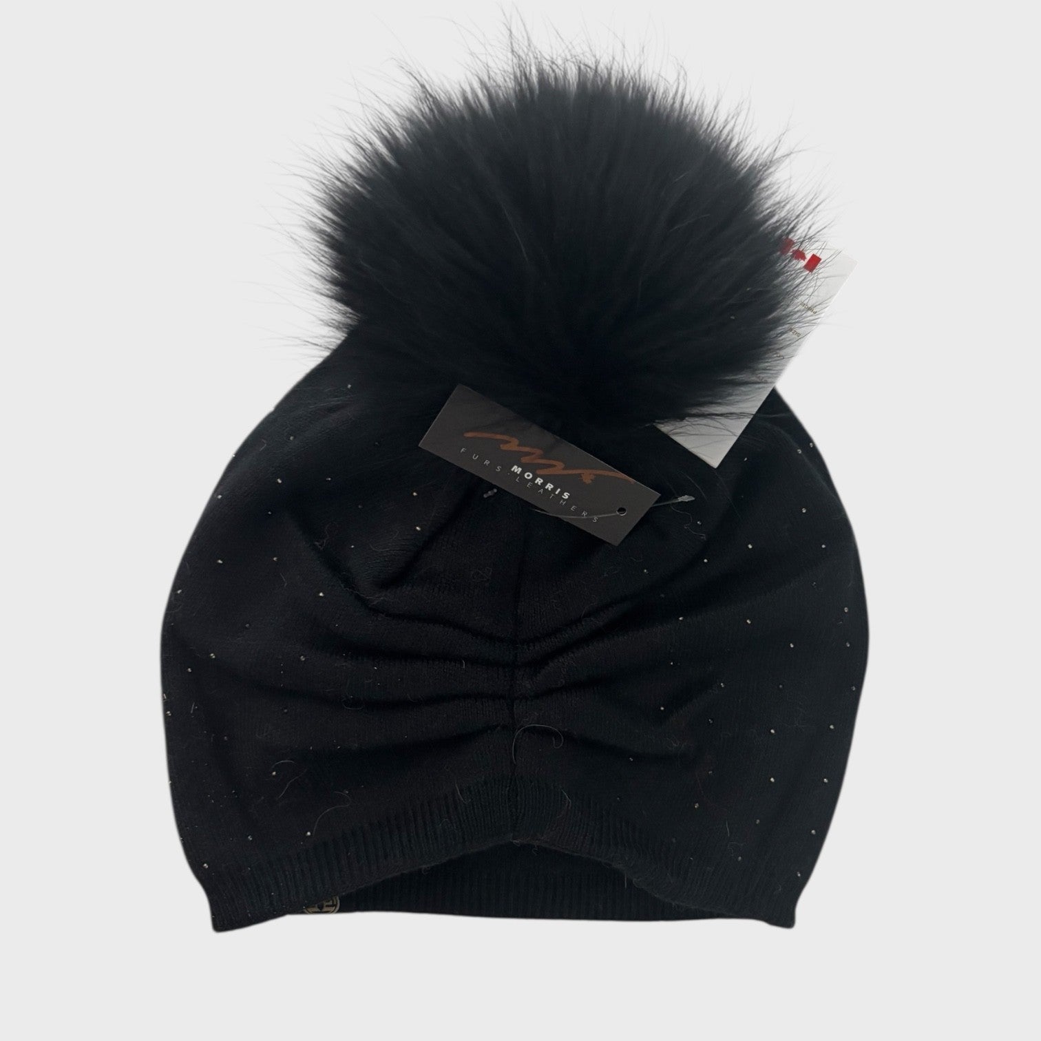 Black Knit Hat with Fox Pompom