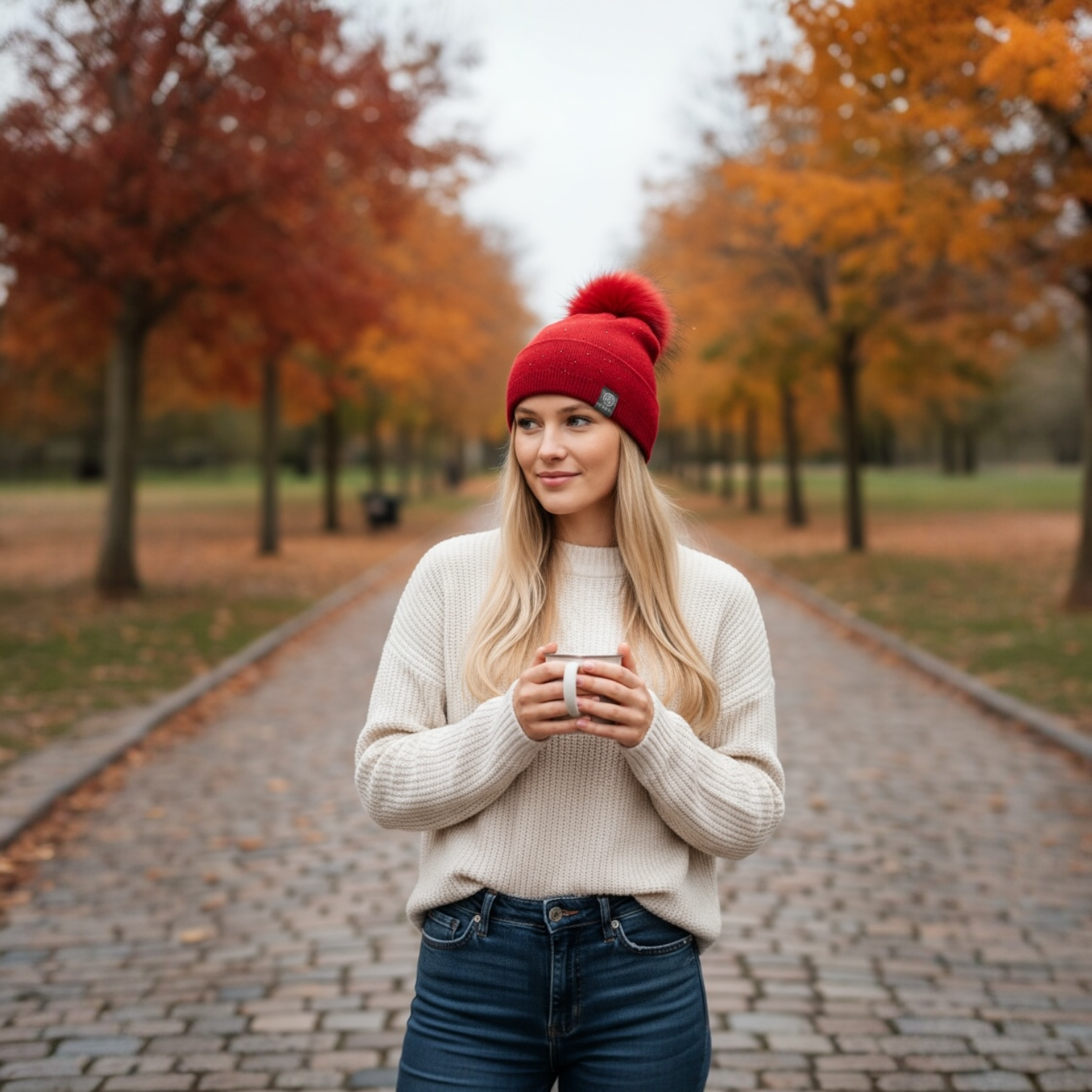 Red Knit Hat With Fox Pompom