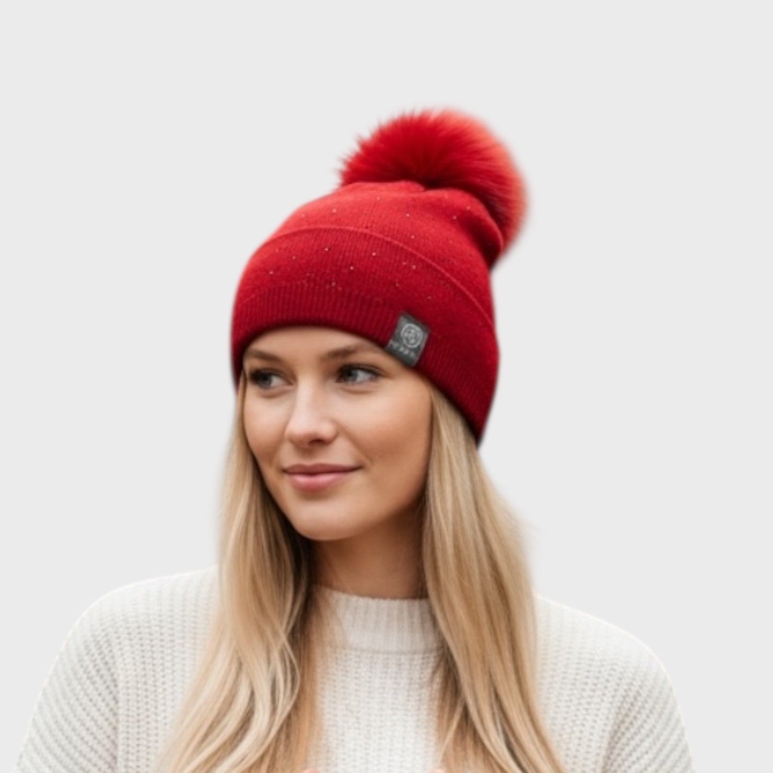 Red Knit Hat With Fox Pompom