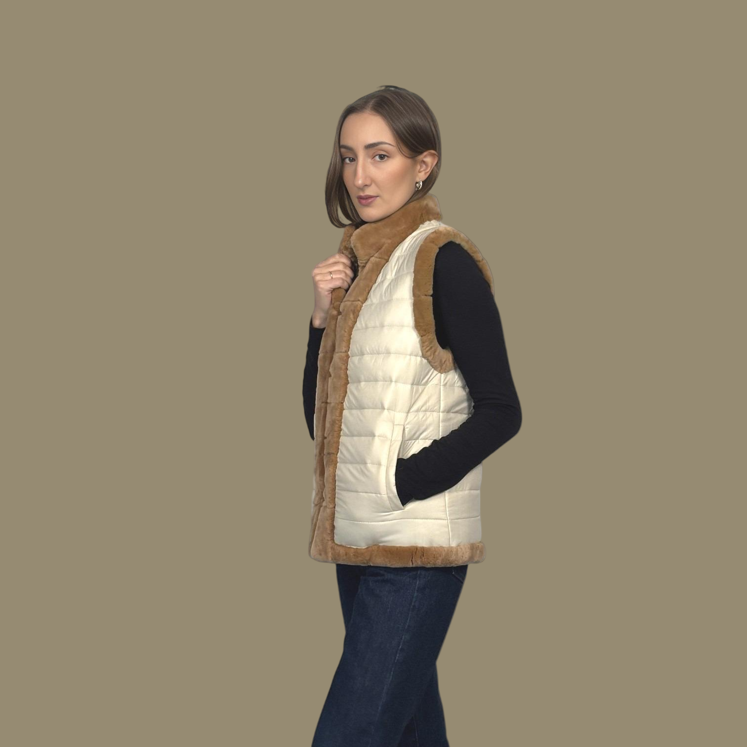 Camel Dyed Sheared Beaver Vest - Reversible