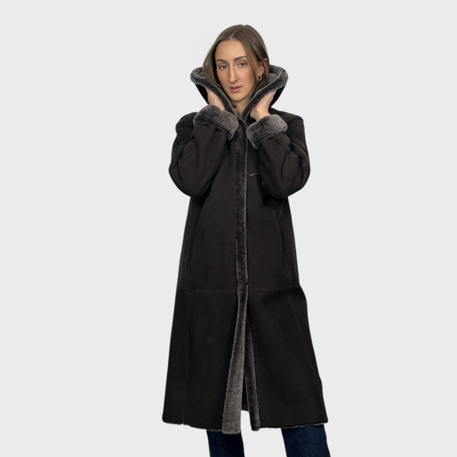 Brown Brisa Suede Shearling Coat Hooded