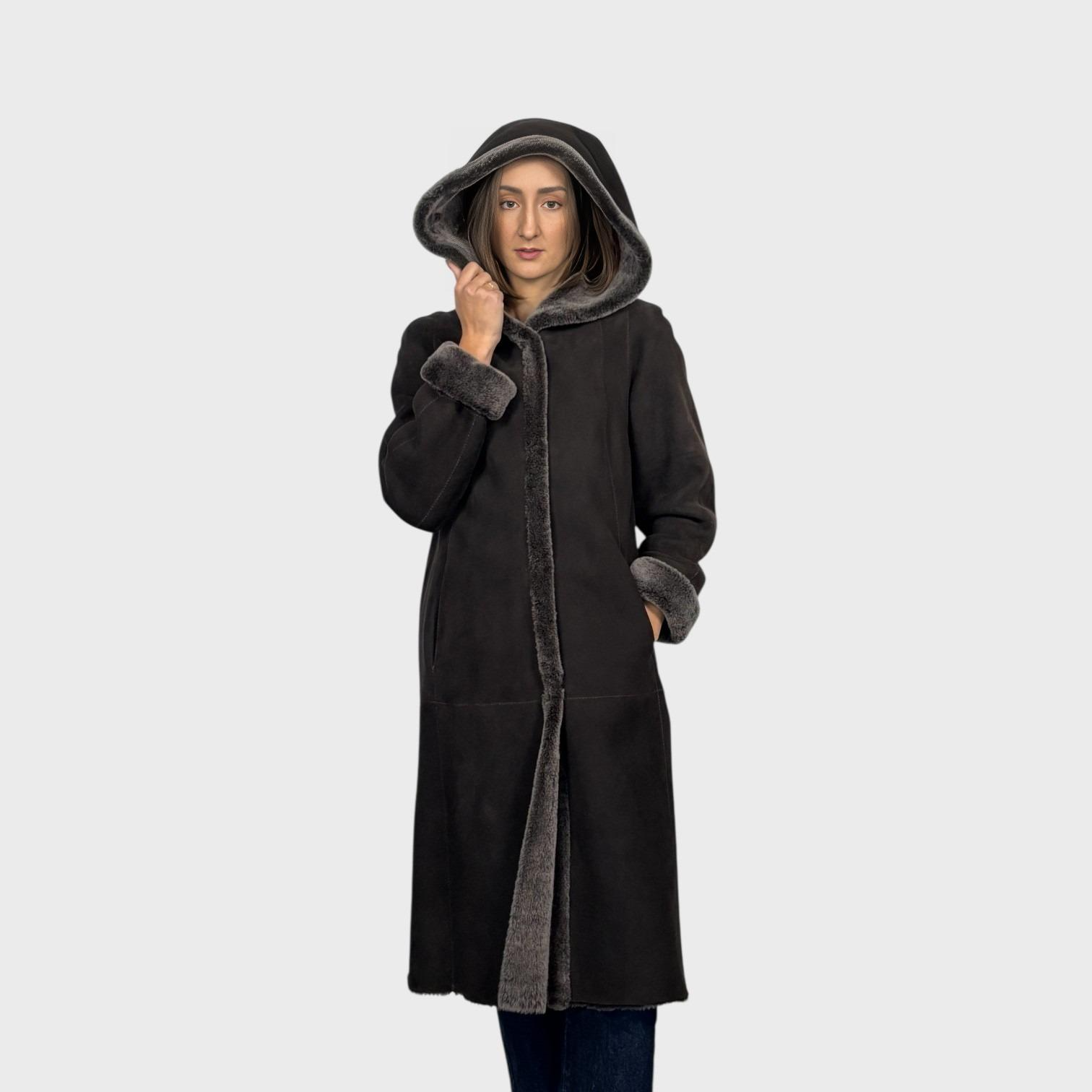 Brown Brisa Suede Shearling Coat Hooded