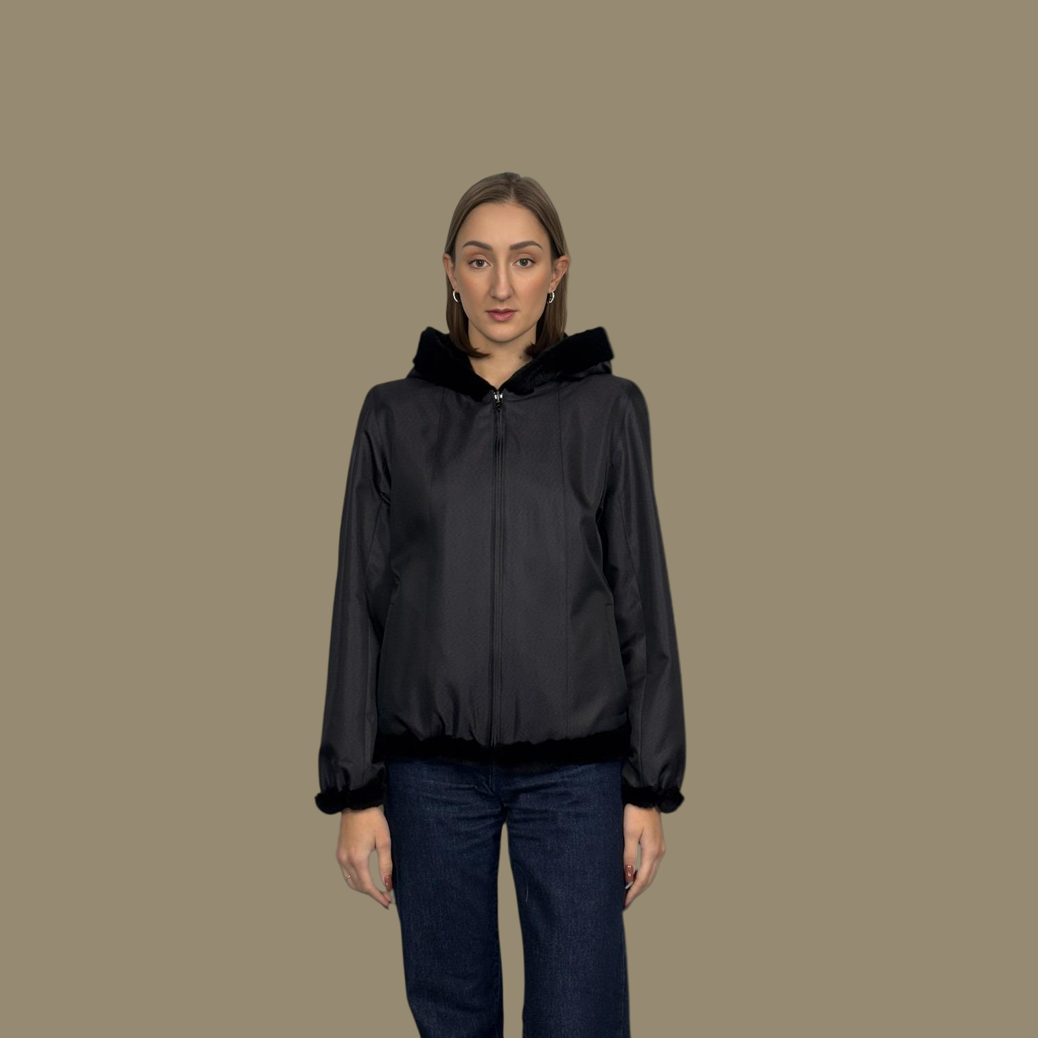 Short Hooded Black Plucked Mink Jacket - Reversible to Taffeta