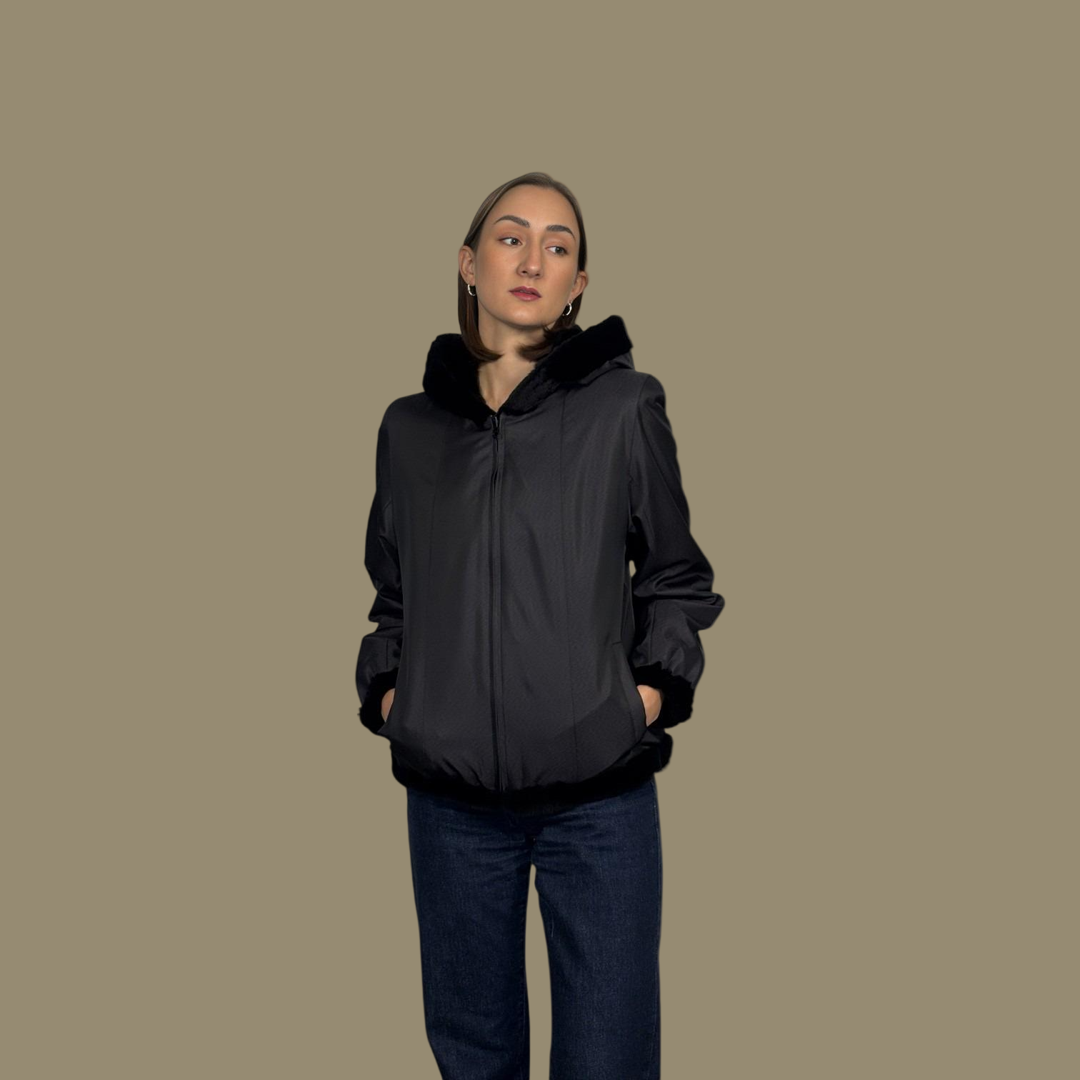 Short Hooded Black Plucked Mink Jacket - Reversible to Taffeta
