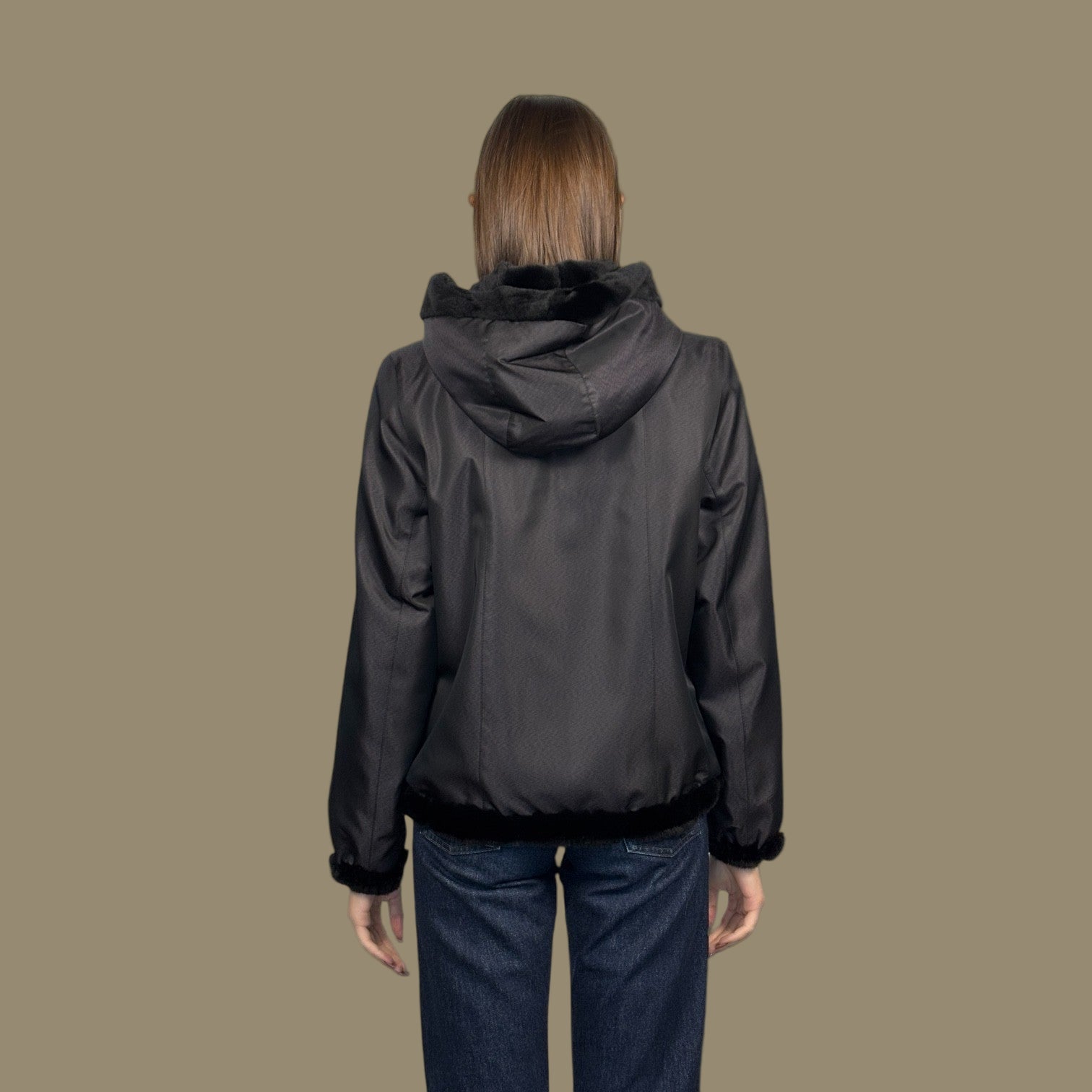 Short Hooded Black Plucked Mink Jacket - Reversible to Taffeta