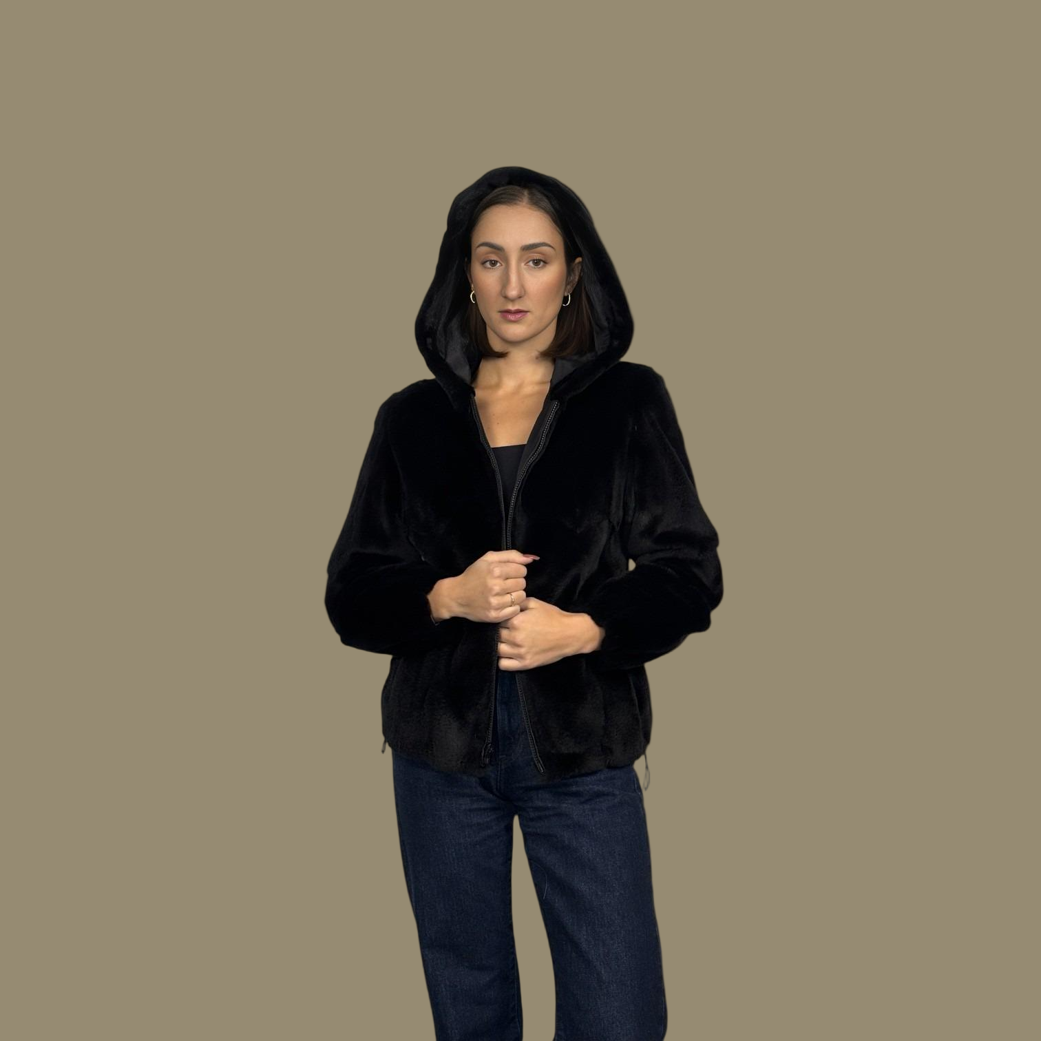 Short Hooded Black Plucked Mink Jacket - Reversible to Taffeta