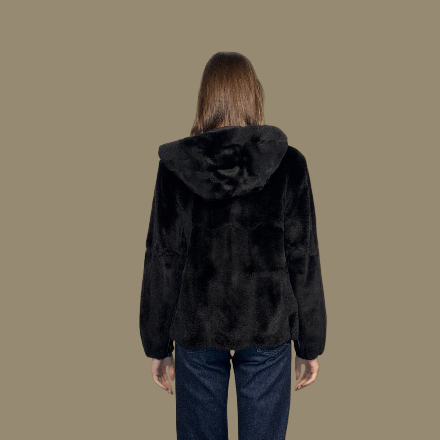Short Hooded Black Plucked Mink Jacket - Reversible to Taffeta