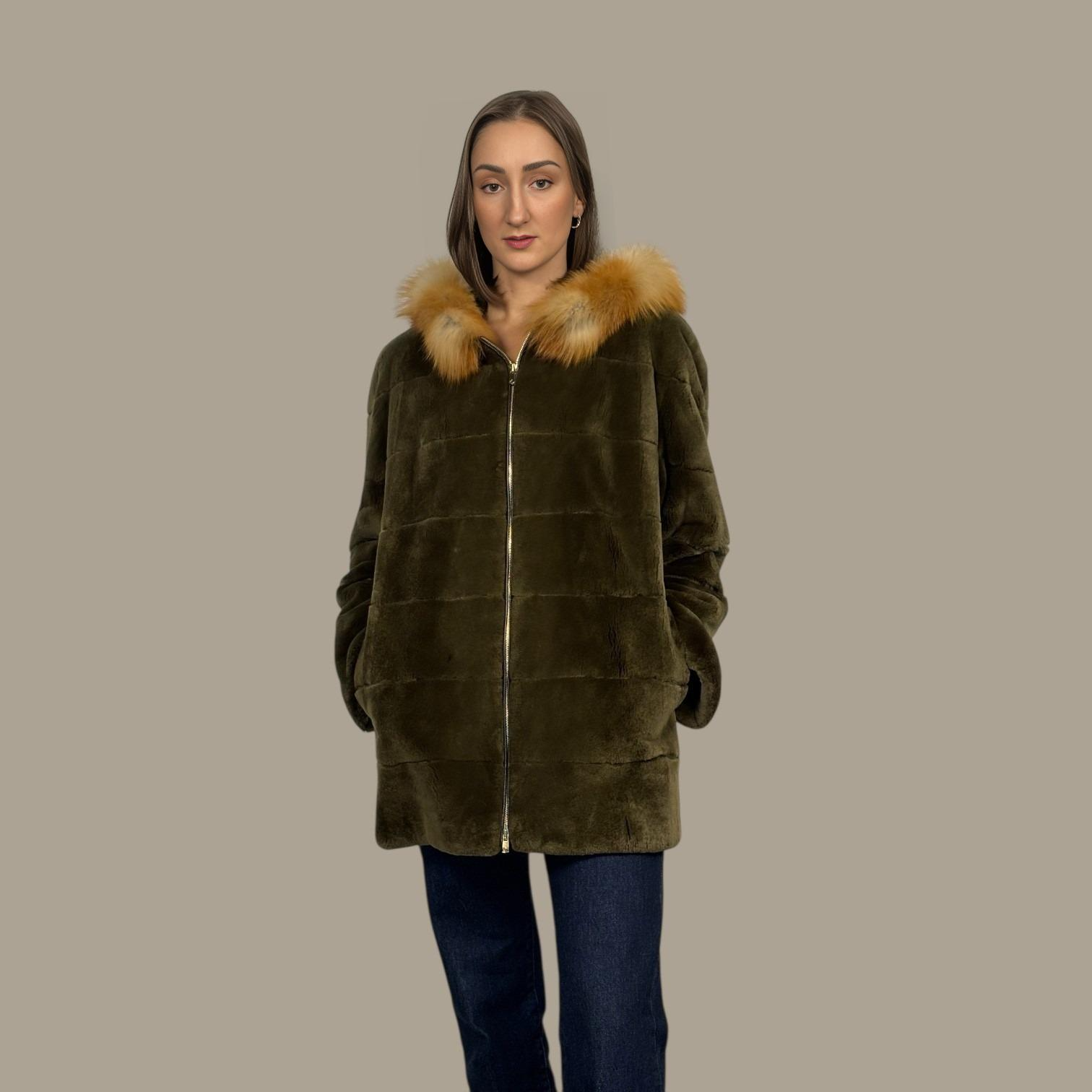 Olive Green Sheared Beaver Hooded Jacket - Fox Trim