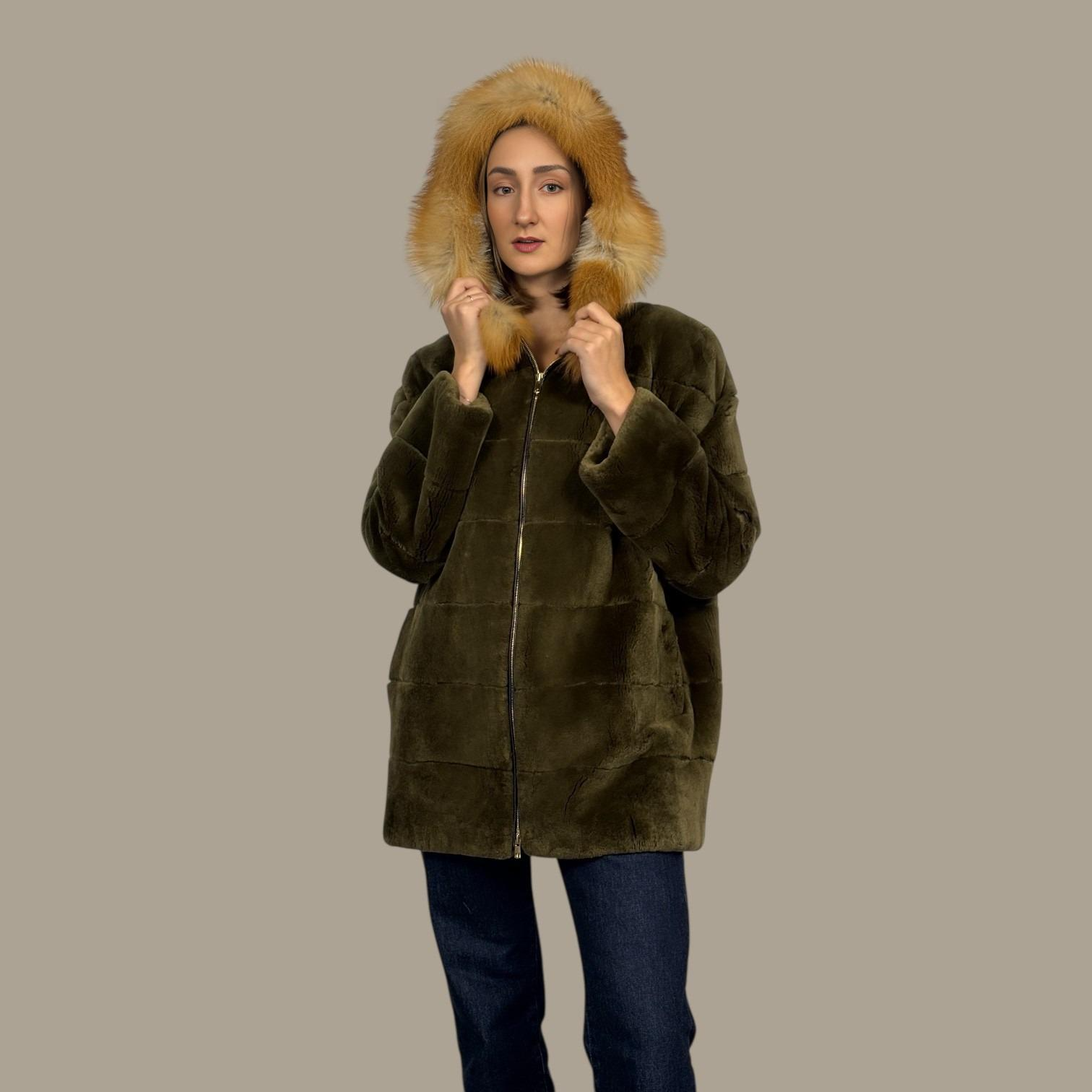 Olive Green Sheared Beaver Hooded Jacket - Fox Trim