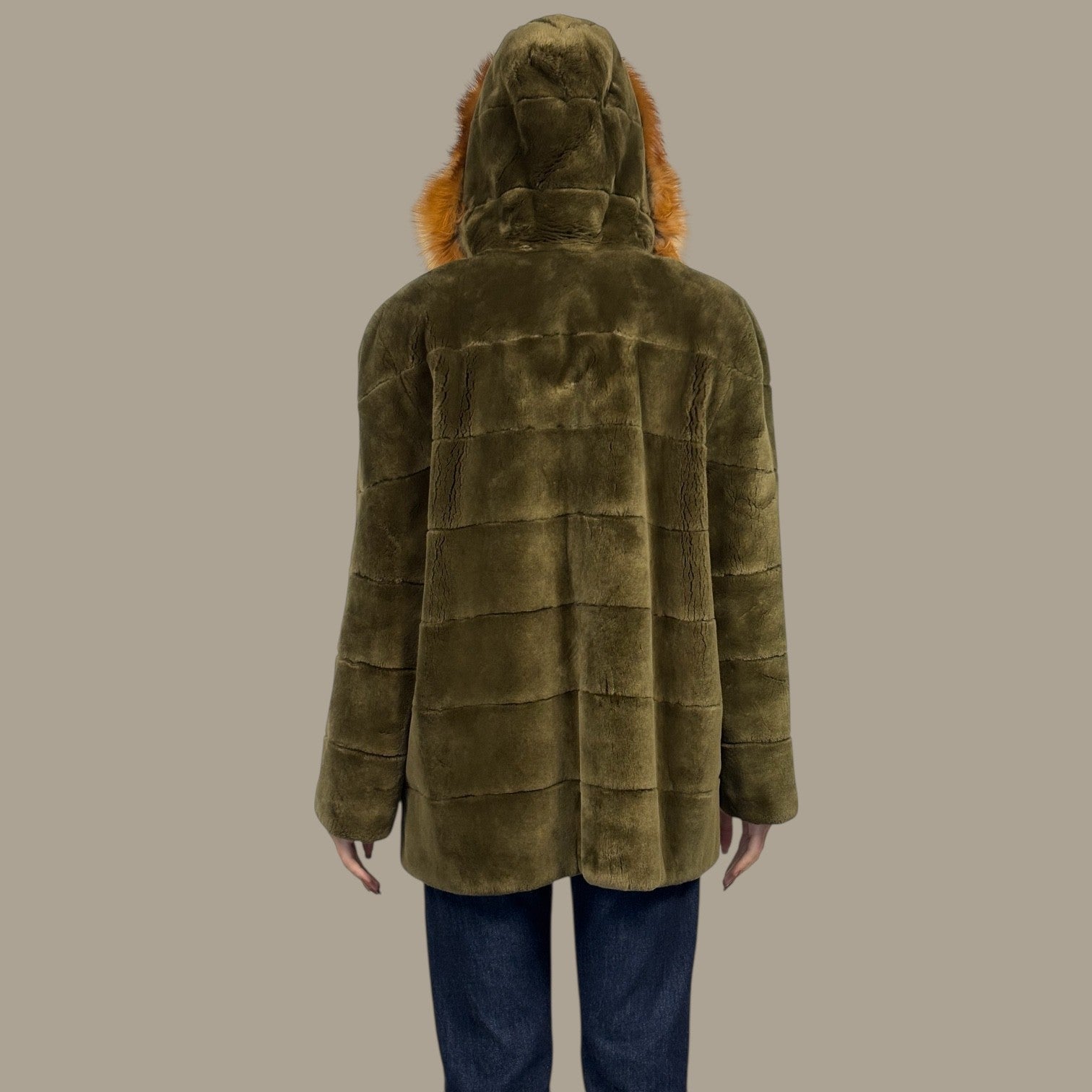 Olive Green Sheared Beaver Hooded Jacket - Fox Trim