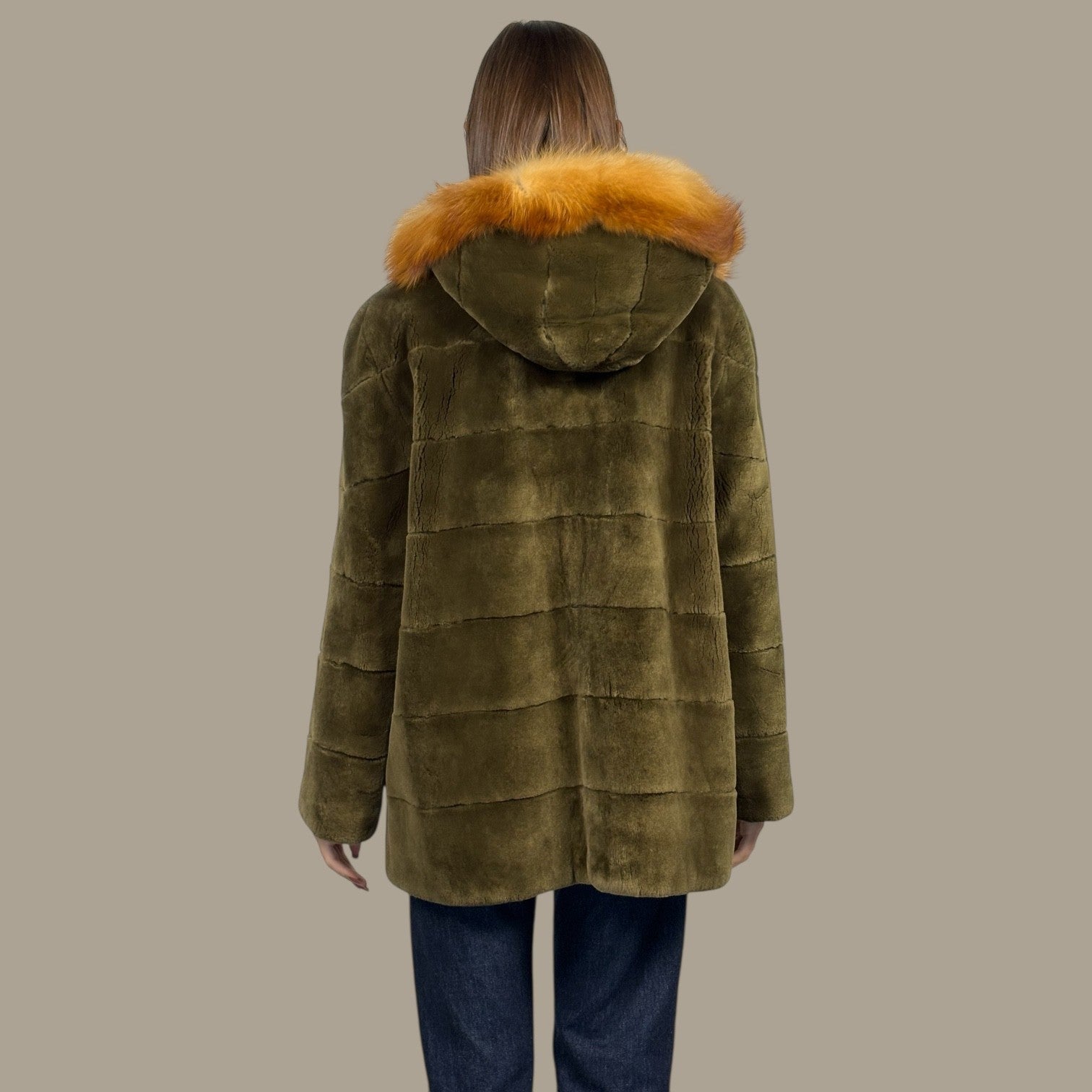 Olive Green Sheared Beaver Hooded Jacket - Fox Trim