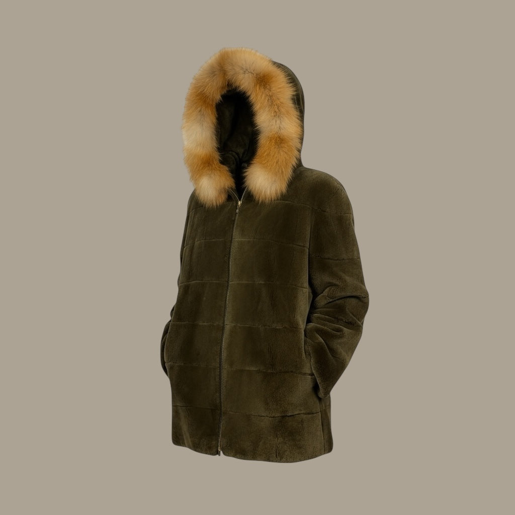 Olive Green Sheared Beaver Hooded Jacket - Fox Trim