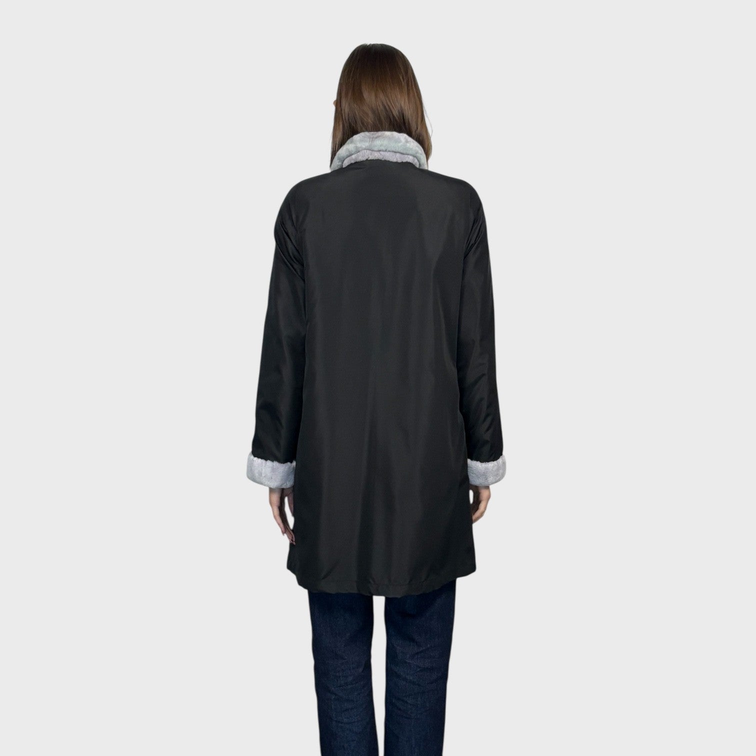 Silver Dyed Sheared Beaver Stroller - Reversible to Black TaffEta