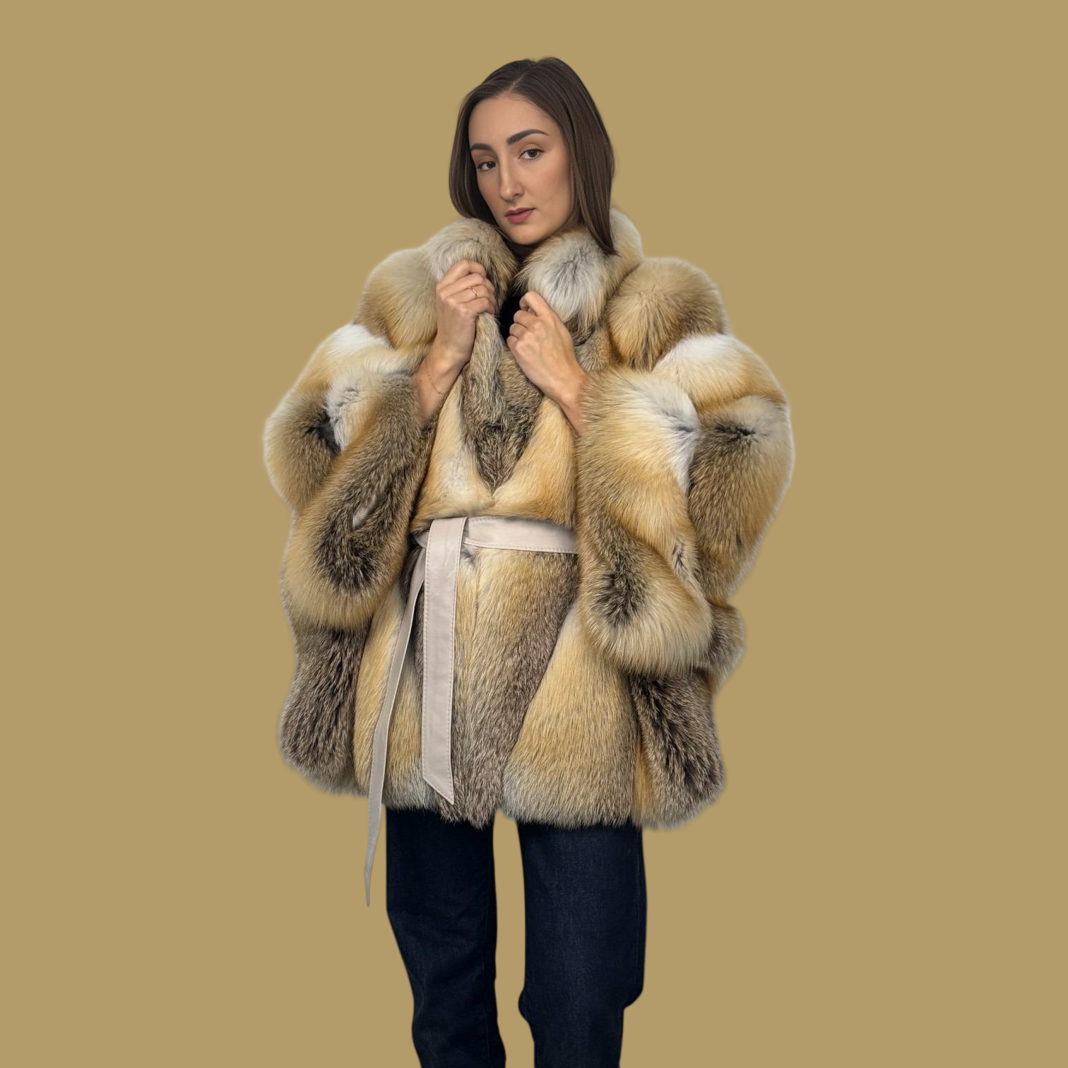 Golden Island Fox Cape Style Jacket-Leather belt