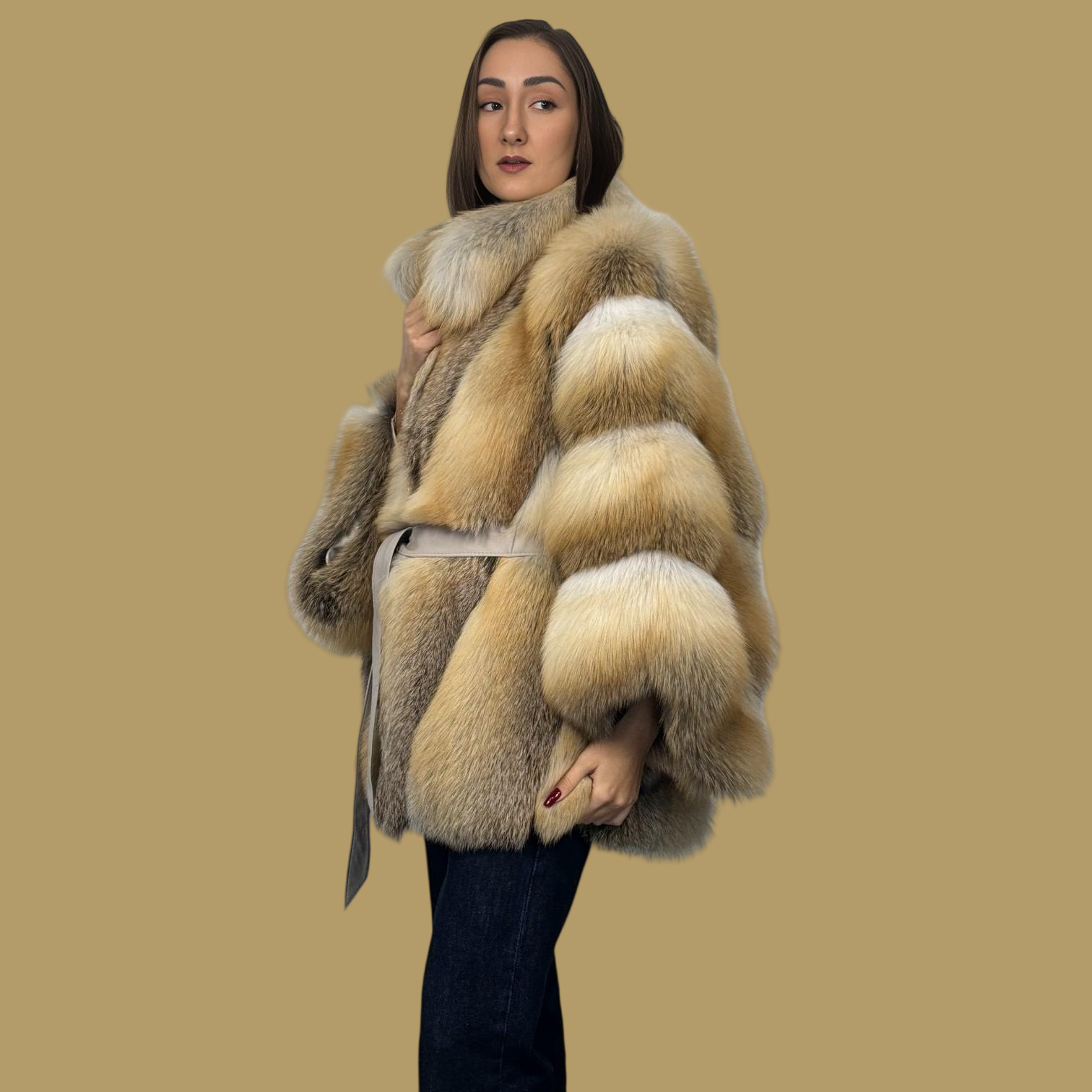 Golden Island Fox Cape Style Jacket-Leather belt