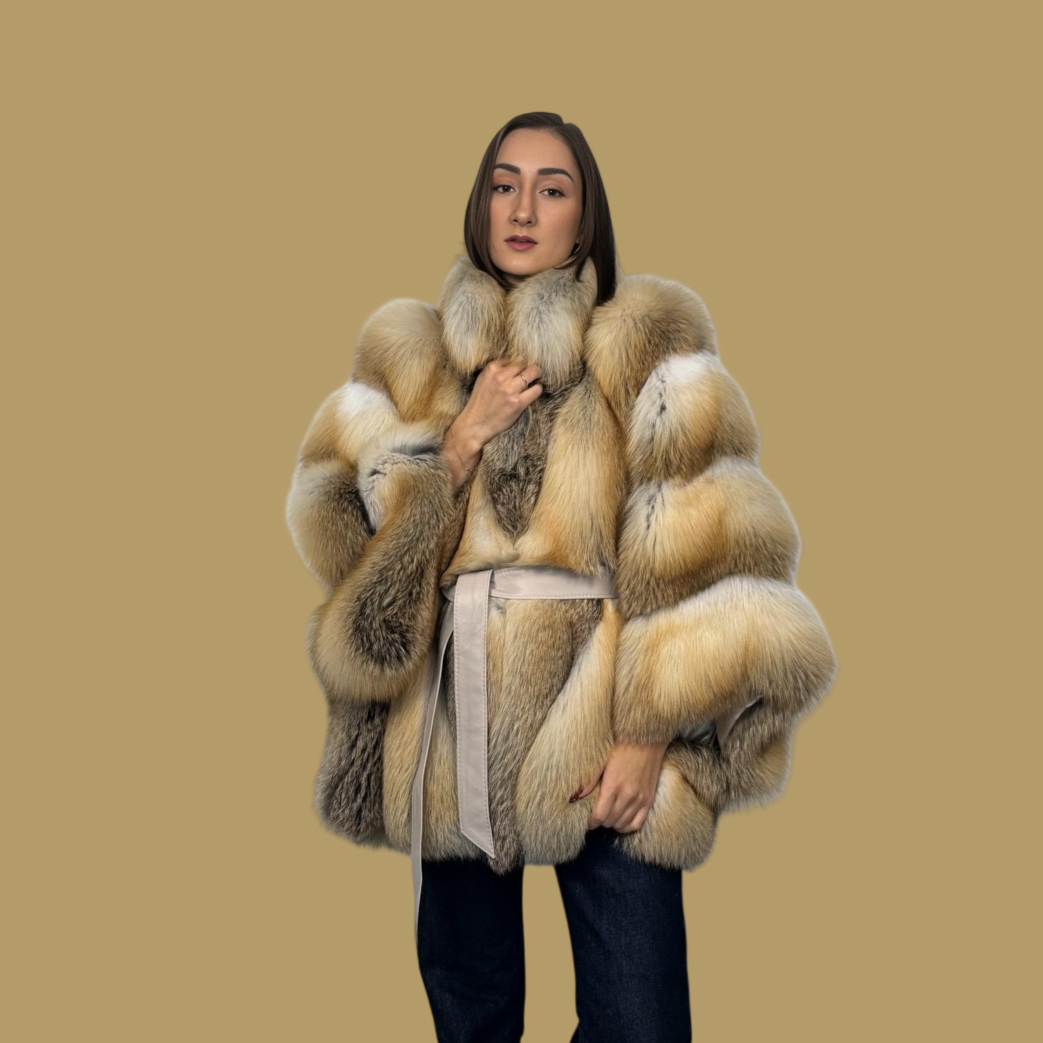 Golden Island Fox Cape Style Jacket-Leather belt