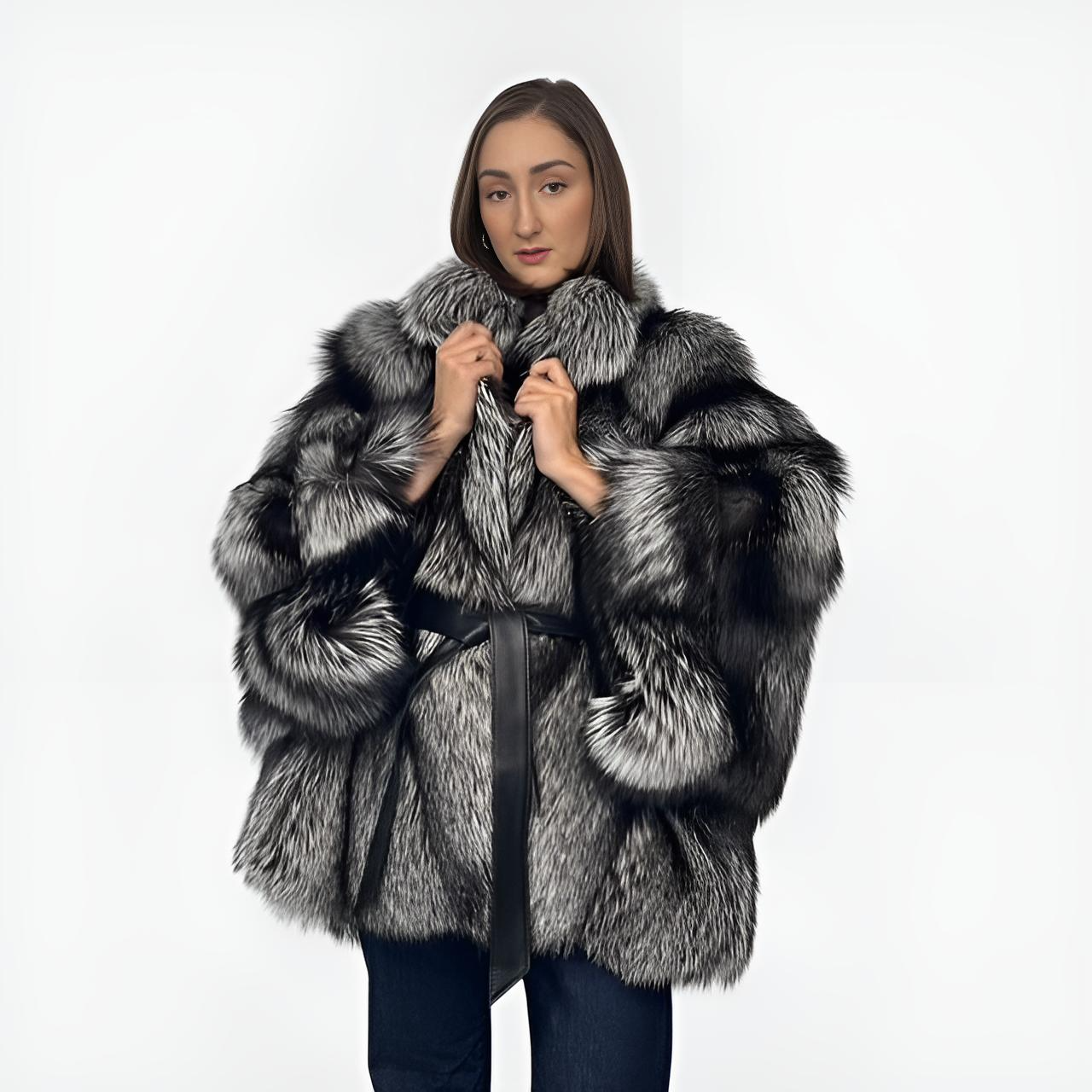 Silver Fox Cape Style Jacket Leather Belt