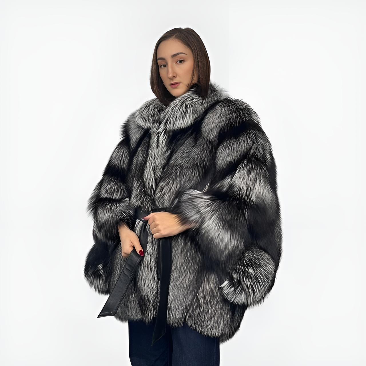 Silver Fox Cape Style Jacket Leather Belt